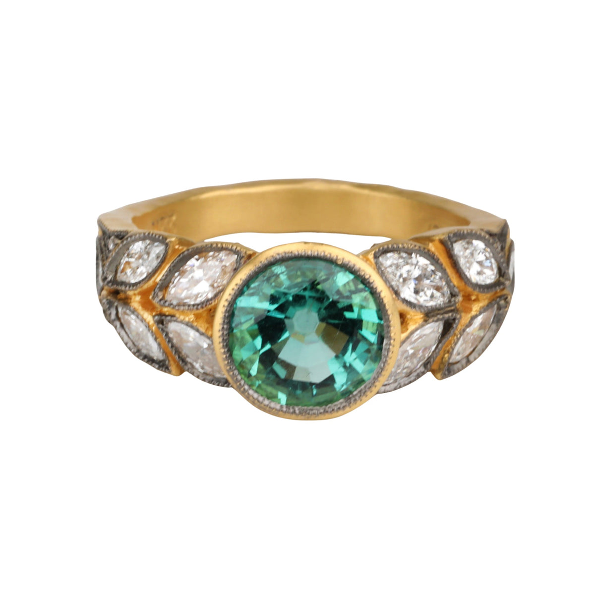 22K Gold "Garland" Ring with Emerald and Marquise Diamonds - Peridot Fine Jewelry - Cathy Waterman