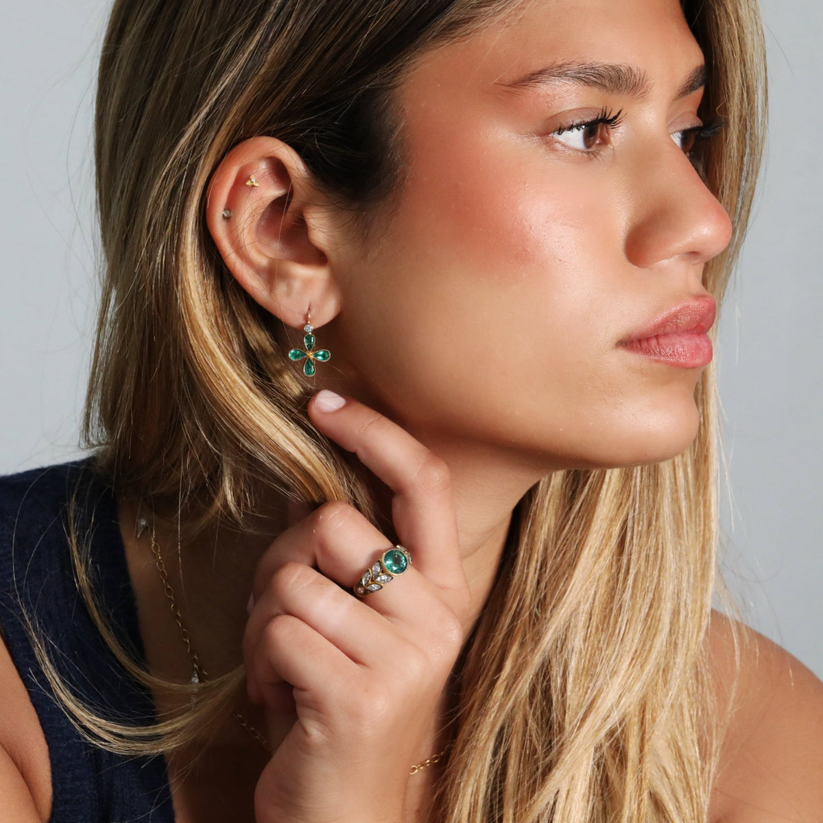 22K Gold "Garland" Ring with Emerald and Marquise Diamonds - Peridot Fine Jewelry - Cathy Waterman