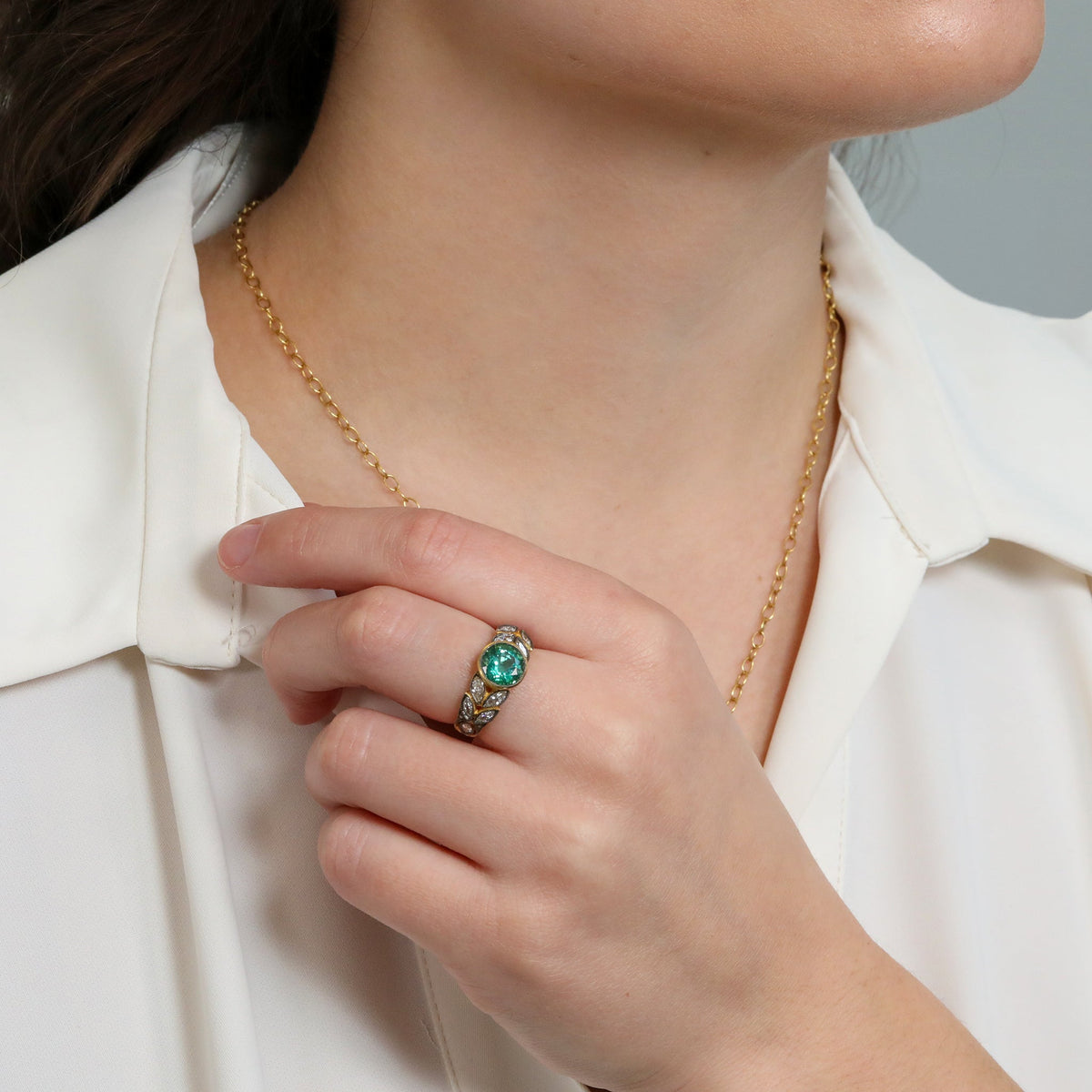 22K Gold "Garland" Ring with Emerald and Marquise Diamonds - Peridot Fine Jewelry - Cathy Waterman