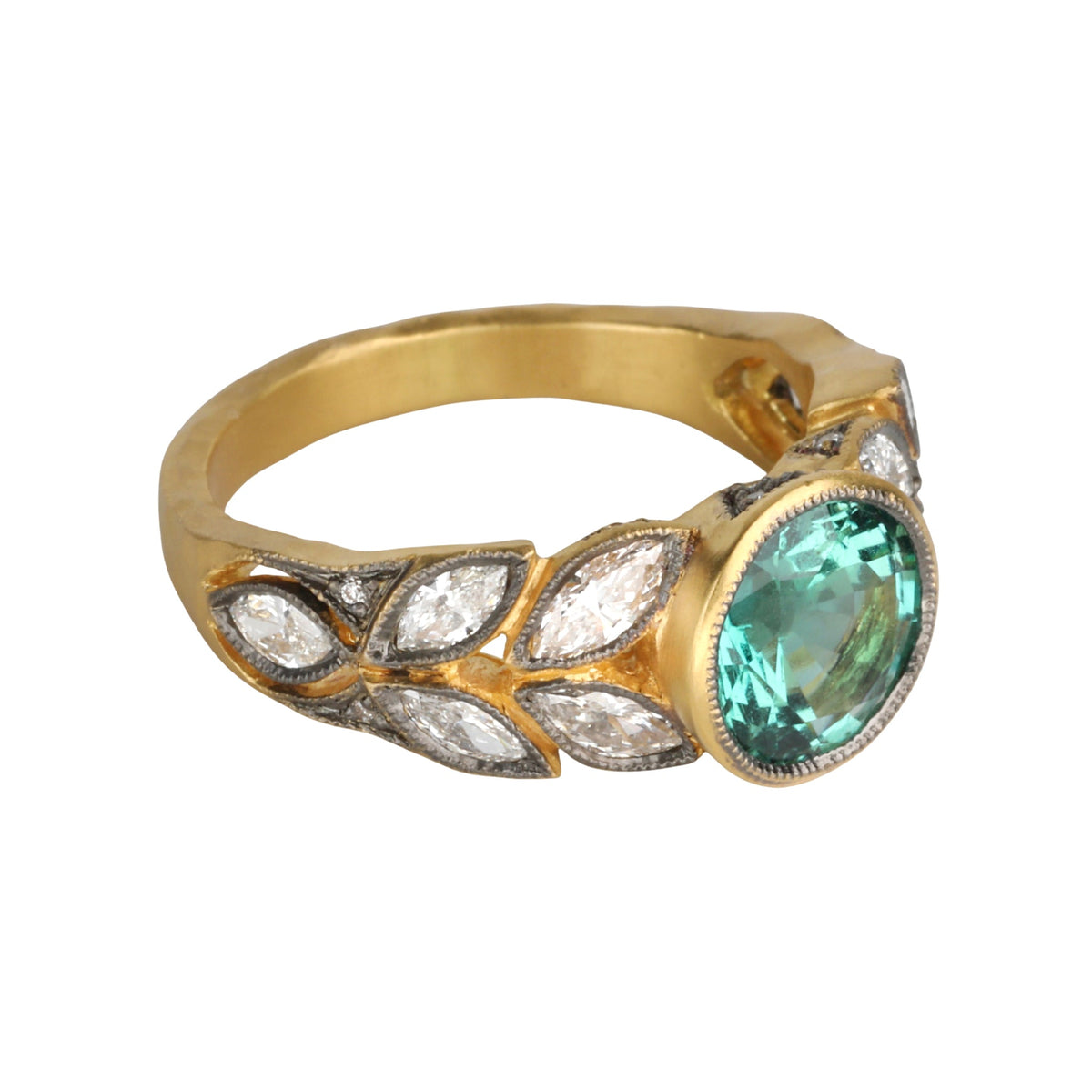 22K Gold "Garland" Ring with Emerald and Marquise Diamonds - Peridot Fine Jewelry - Cathy Waterman