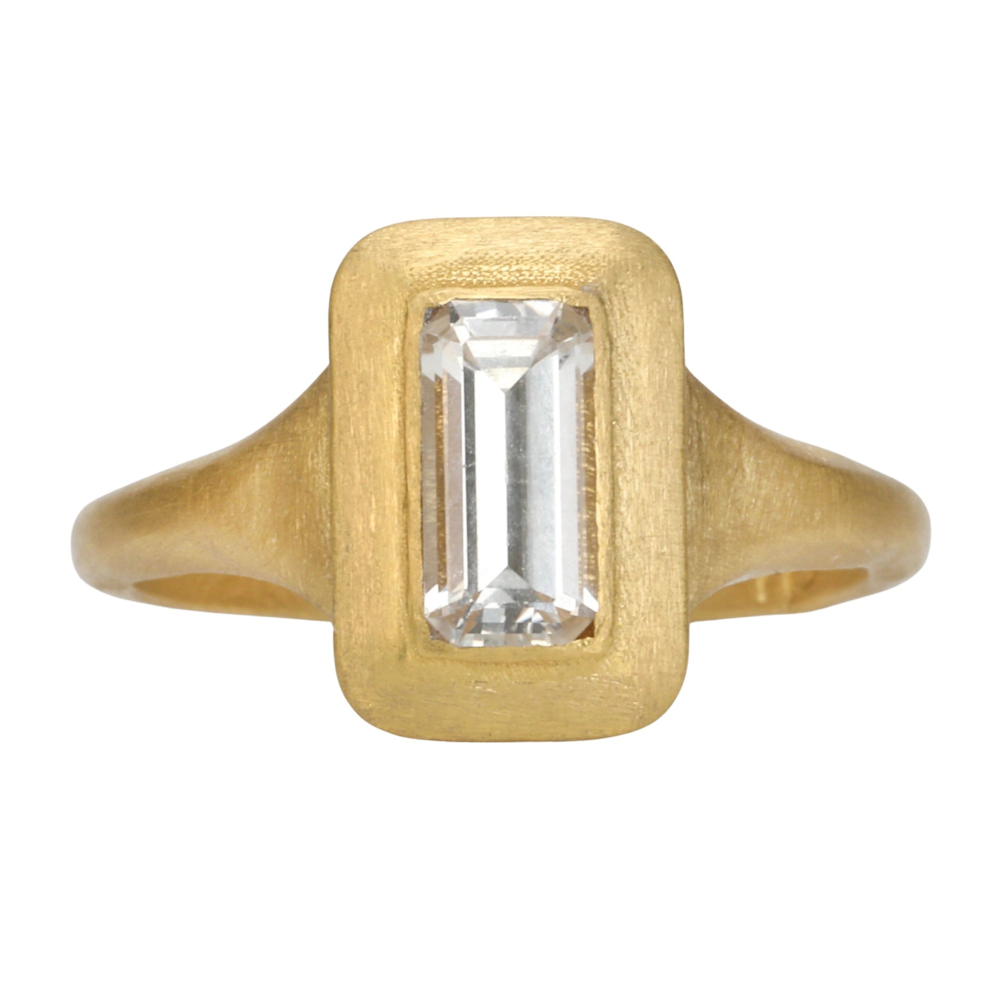 22K Gold &quot;Greek-Inspired&quot; Emerald Cut White Sapphire Baguette Ring - Peridot Fine Jewelry - Rosanne Pugliese