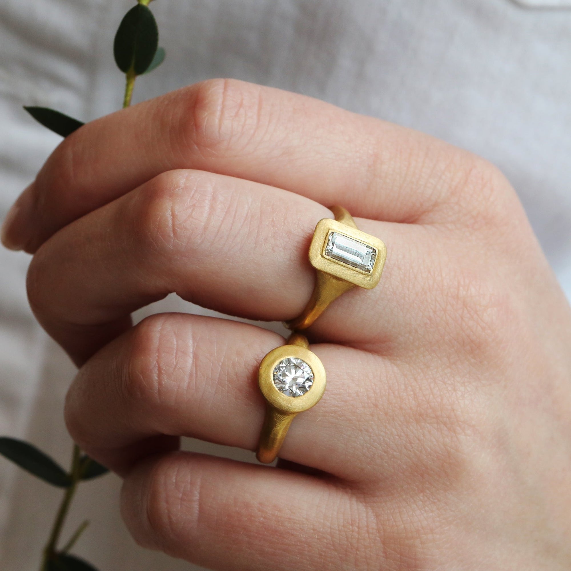22K Gold &quot;Greek-Inspired&quot; Emerald Cut White Sapphire Baguette Ring - Peridot Fine Jewelry - Rosanne Pugliese