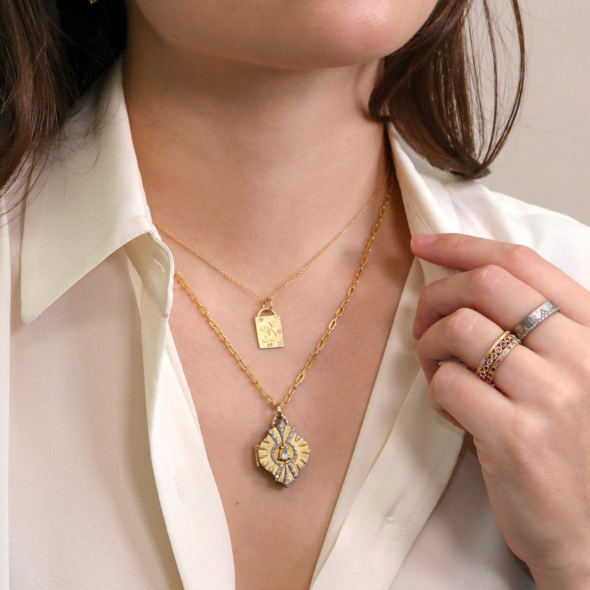 22K Gold Hand Fabricated "Pharoah" Locket with Pear - Shaped Rose Cut White Sapphire & Diamond Details - Peridot Fine Jewelry - Annie Fensterstock