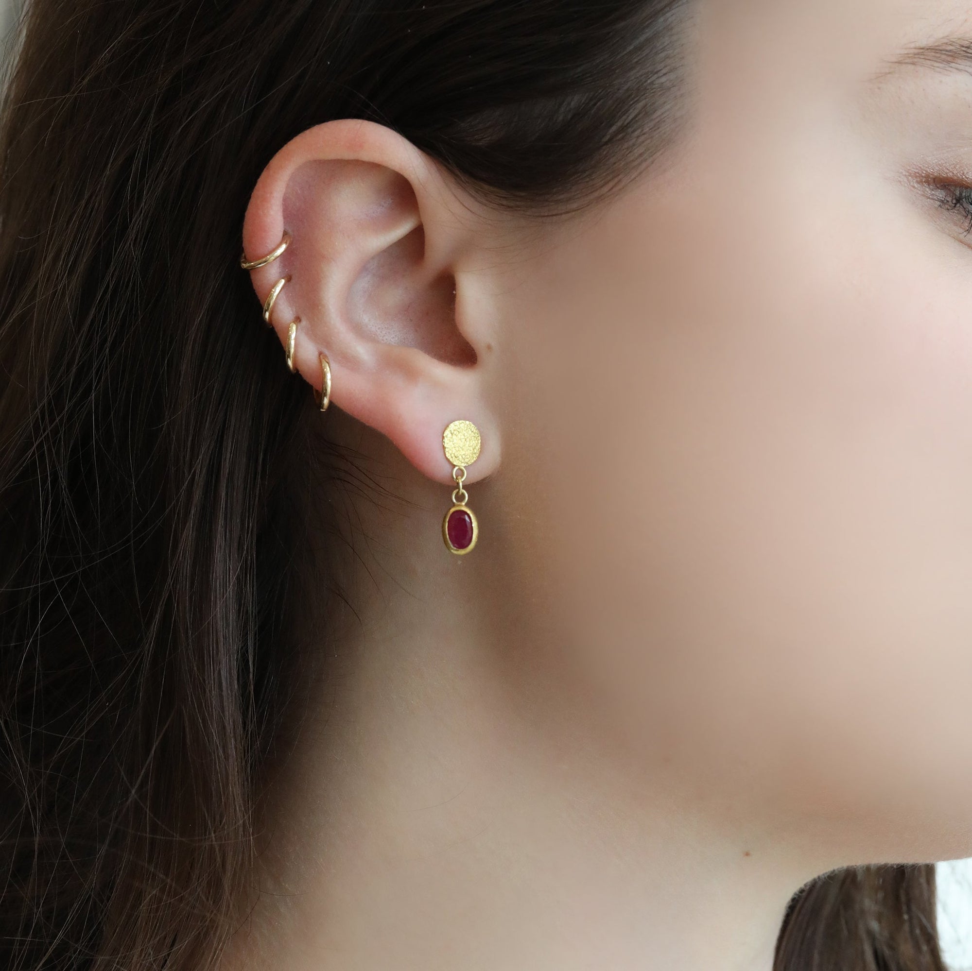 22K Gold Oval Pink Ruby Earrings with Silk Textured Disc Posts - Peridot Fine Jewelry - Petra Class