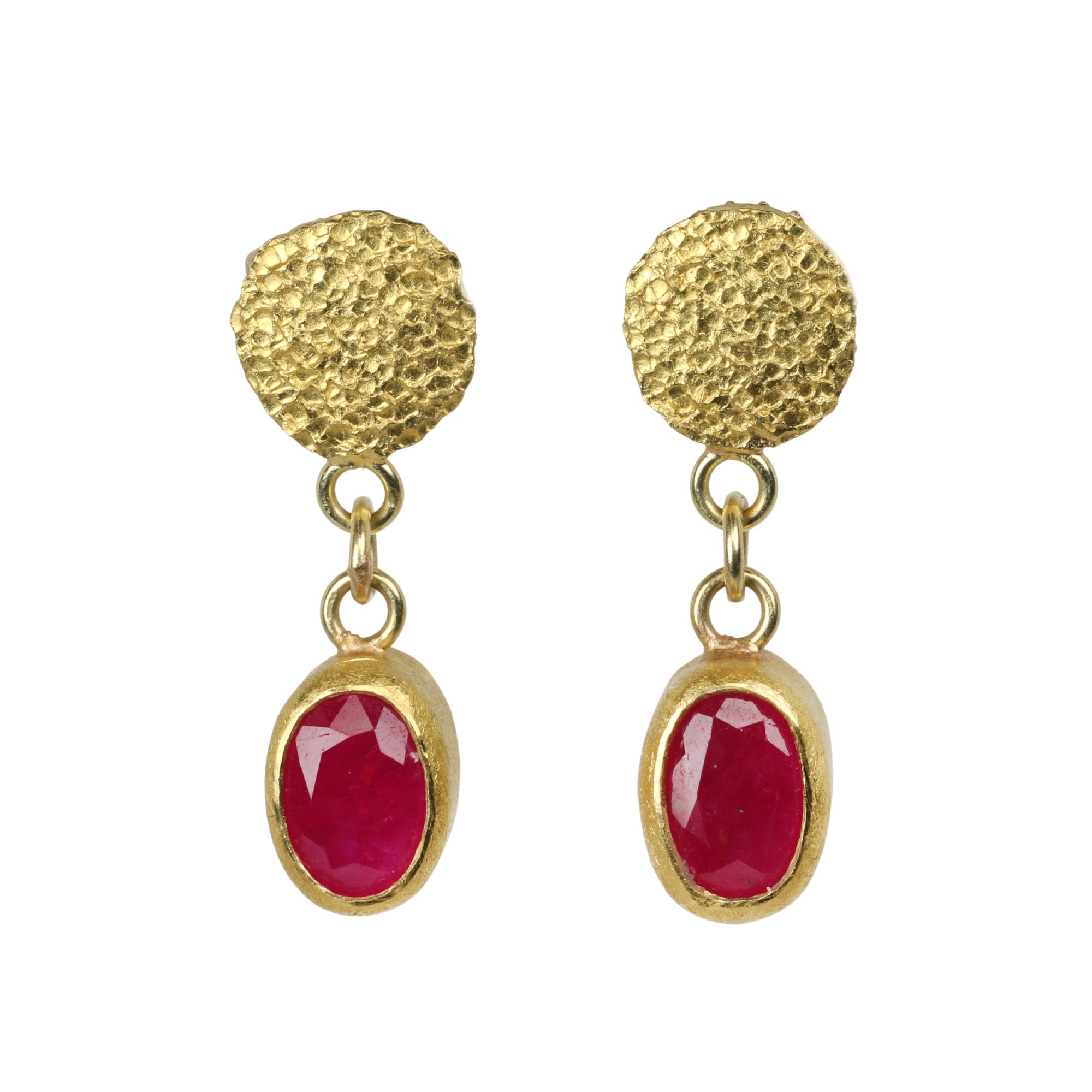 22K Gold Oval Pink Ruby Earrings with Silk Textured Disc Posts - Peridot Fine Jewelry - Petra Class