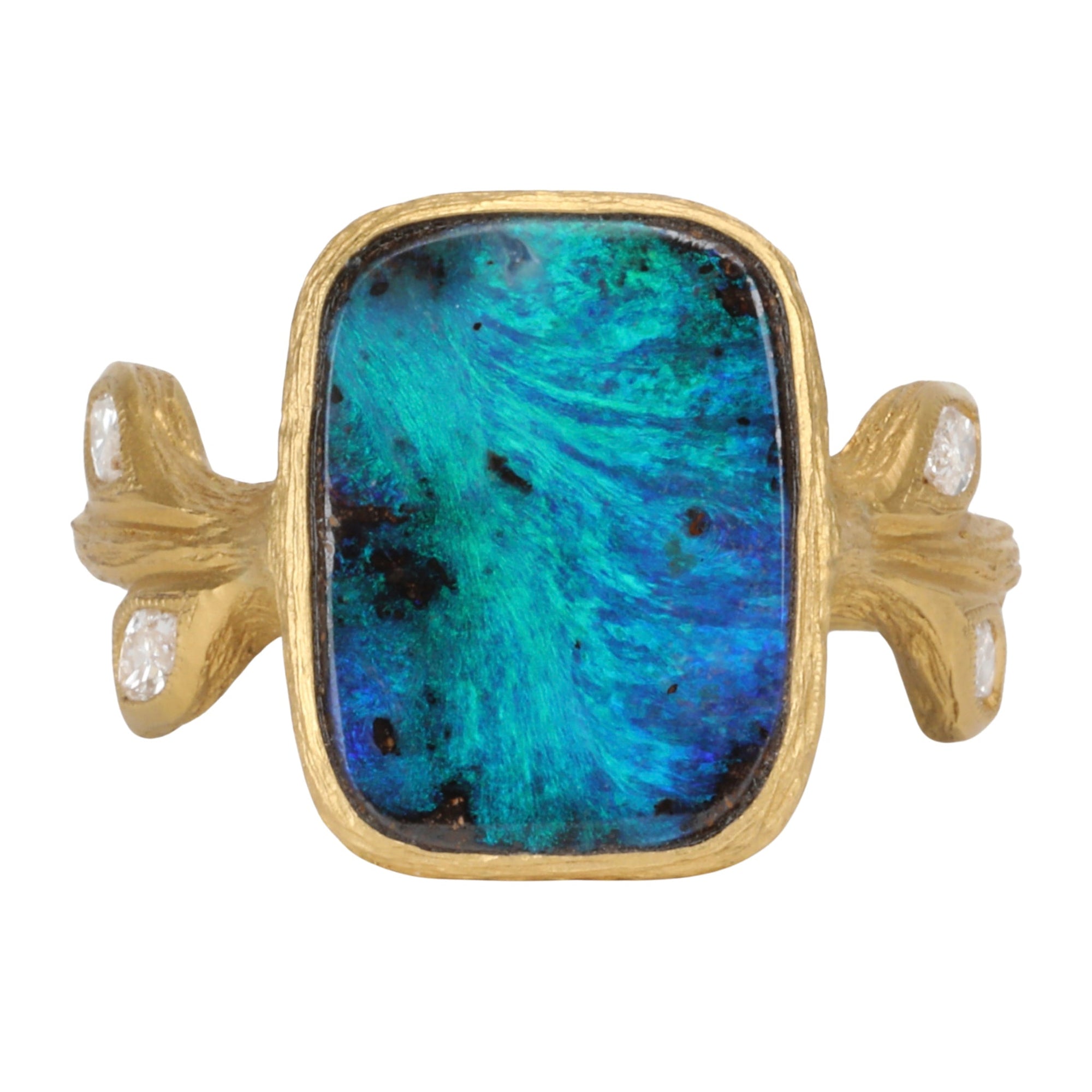 22K Gold Rectangular Black Opal "Diana" Ring with Marquise Diamonds - Peridot Fine Jewelry - Cathy Waterman