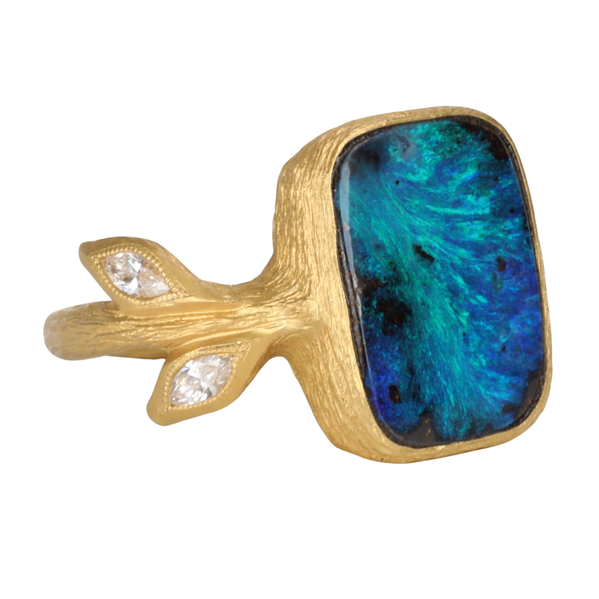 22K Gold Rectangular Black Opal "Diana" Ring with Marquise Diamonds - Peridot Fine Jewelry - Cathy Waterman