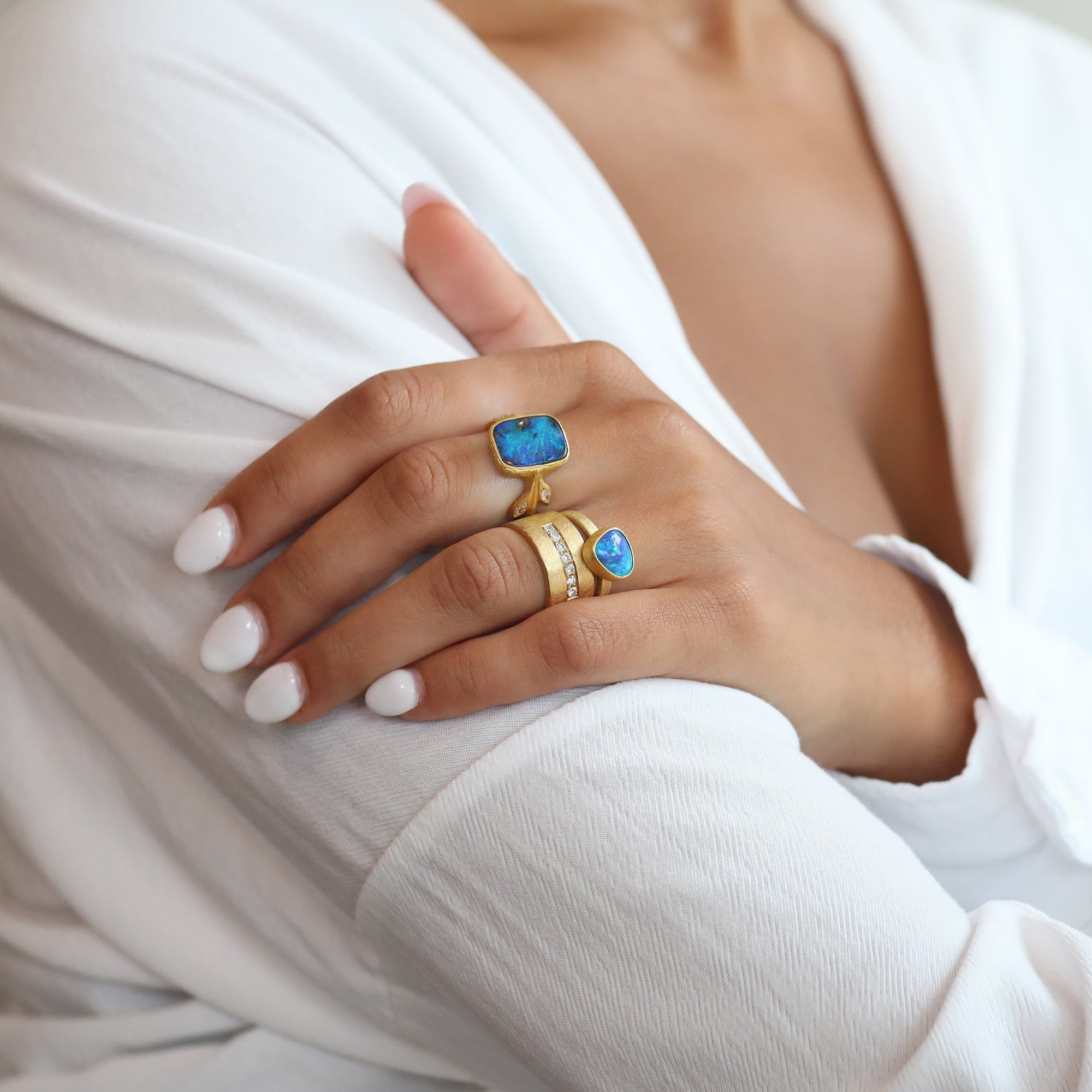22K Gold Rectangular Black Opal &quot;Diana&quot; Ring with Marquise Diamonds - Peridot Fine Jewelry - Cathy Waterman