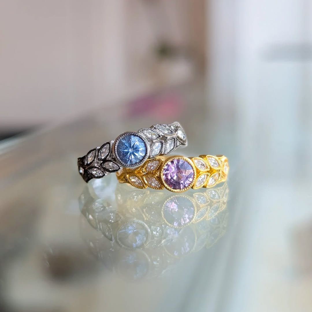 22K Gold "Small Garland" Ring with Pink - Purple Sapphire & Marquise Diamonds - Peridot Fine Jewelry - Cathy Waterman