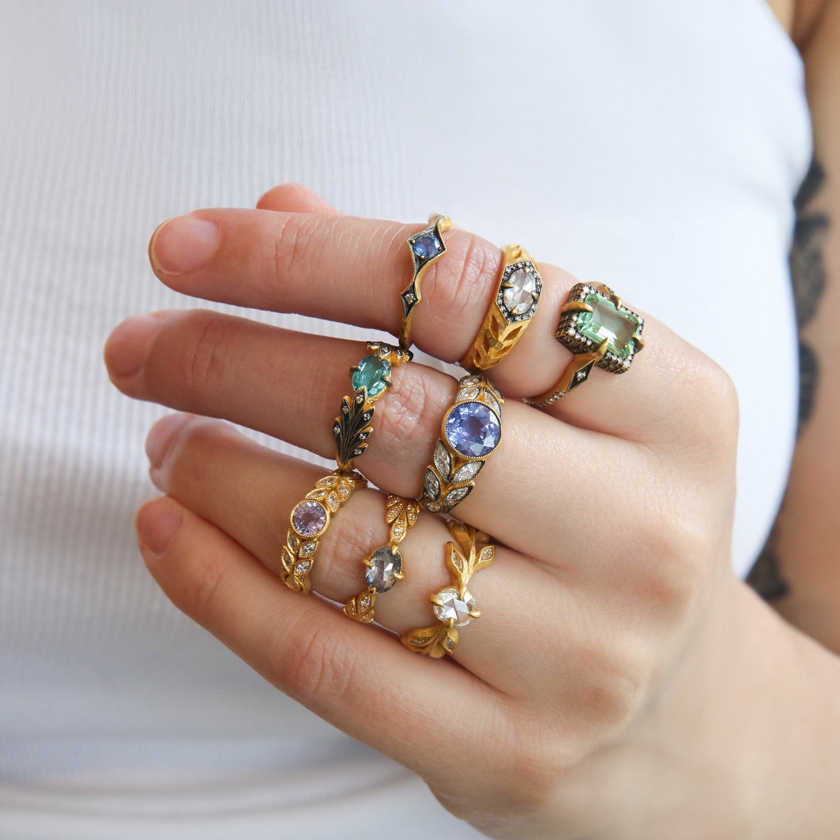 22K Gold "Small Garland" Ring with Pink - Purple Sapphire & Marquise Diamonds - Peridot Fine Jewelry - Cathy Waterman