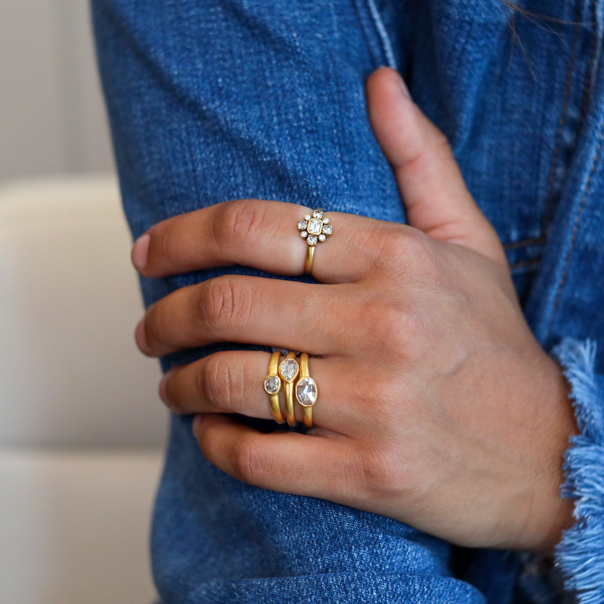 22K Gold Stacking Ring with Teardrop Rose - Cut Diamond - Peridot Fine Jewelry - Kothari