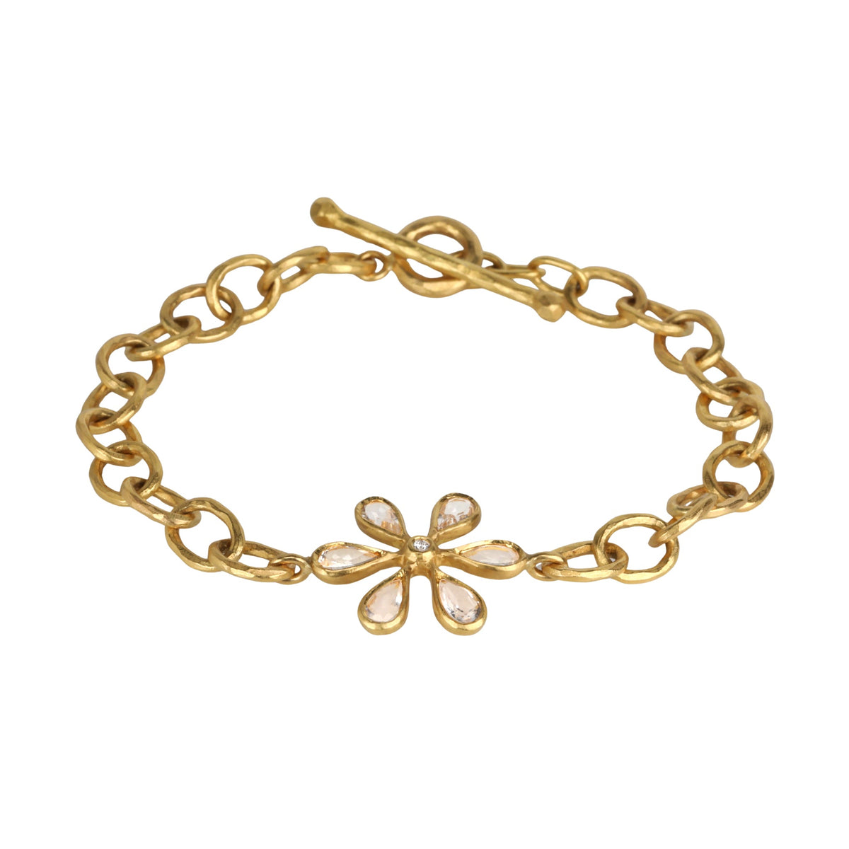 22K Hammered Oval Link Bracelet with Moonstone Flower Centerpiece - Peridot Fine Jewelry - Cathy Waterman