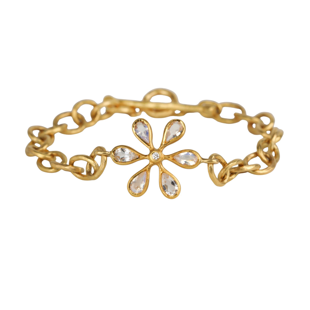 22K Hammered Oval Link Bracelet with Moonstone Flower Centerpiece - Peridot Fine Jewelry - Cathy Waterman