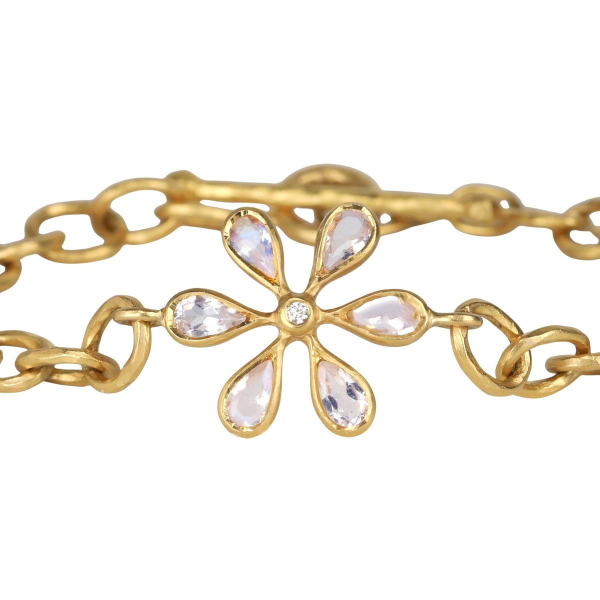 22K Hammered Oval Link Bracelet with Moonstone Flower Centerpiece - Peridot Fine Jewelry - Cathy Waterman
