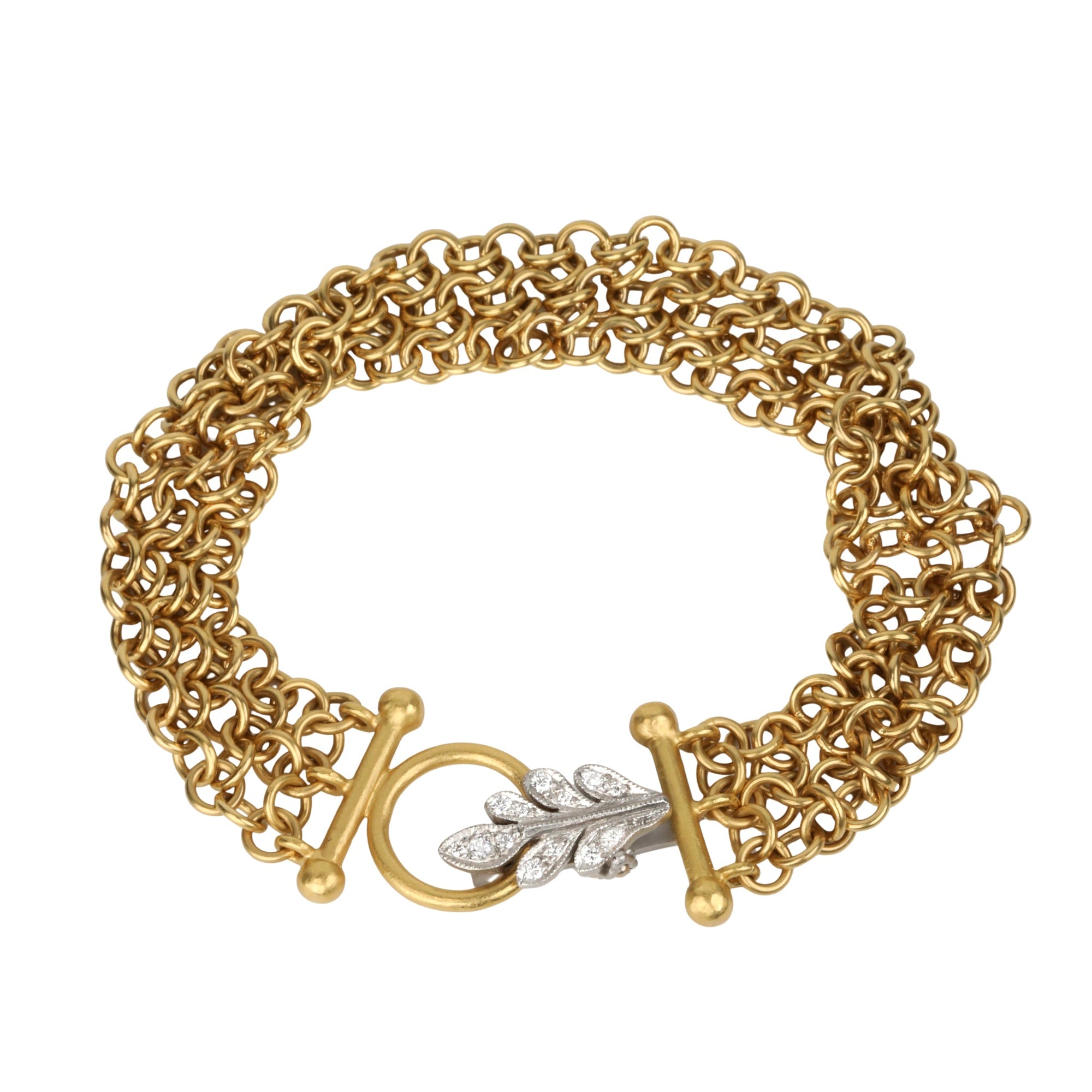 22K Handmade 3 - Row "Carcassonne Chainmail" Bracelet with Platinum &amp; Pave Diamond "Oak Leaf" Clasp - Peridot Fine Jewelry - Cathy Waterman