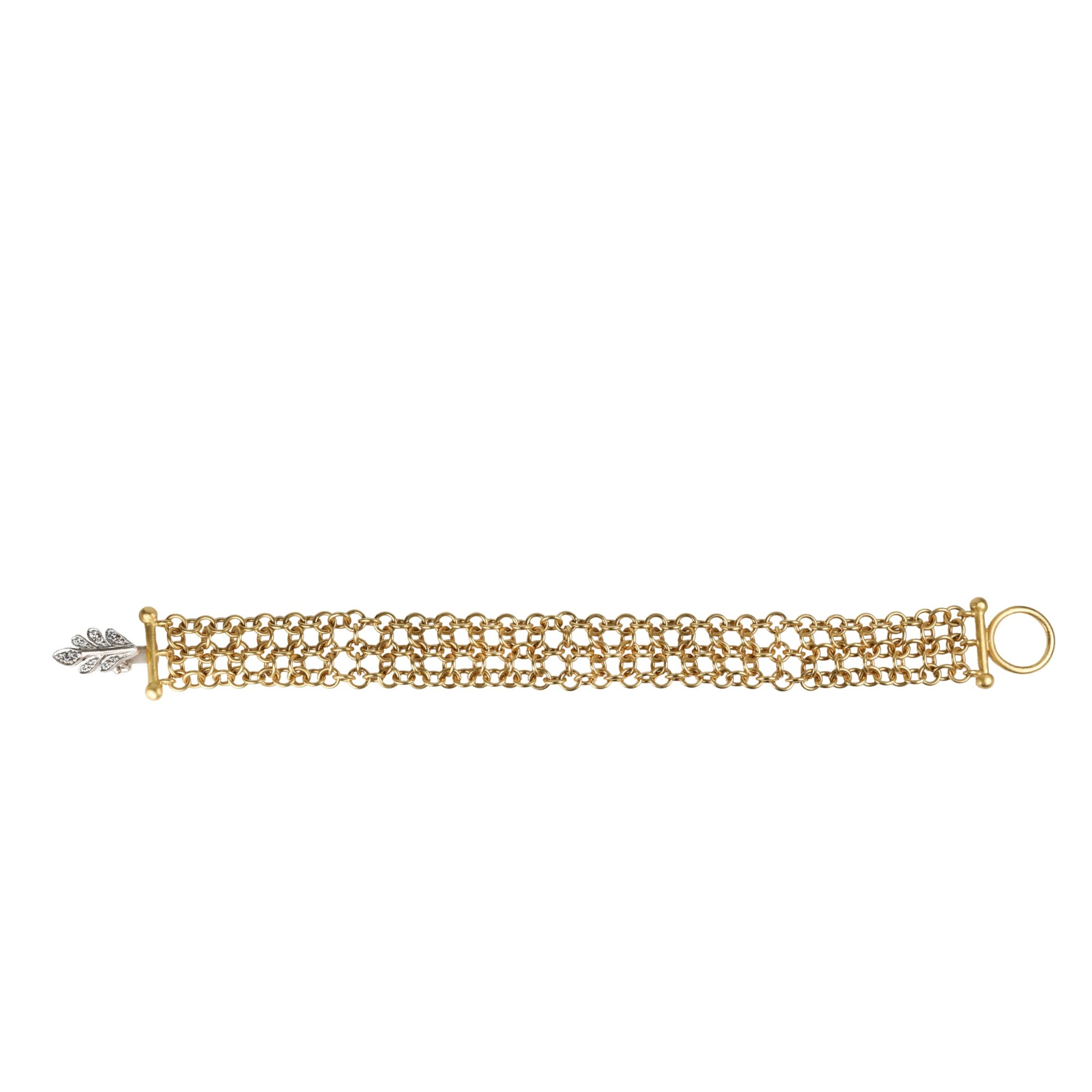 22K Handmade 3 - Row "Carcassonne Chainmail" Bracelet with Platinum &amp; Pave Diamond "Oak Leaf" Clasp - Peridot Fine Jewelry - Cathy Waterman
