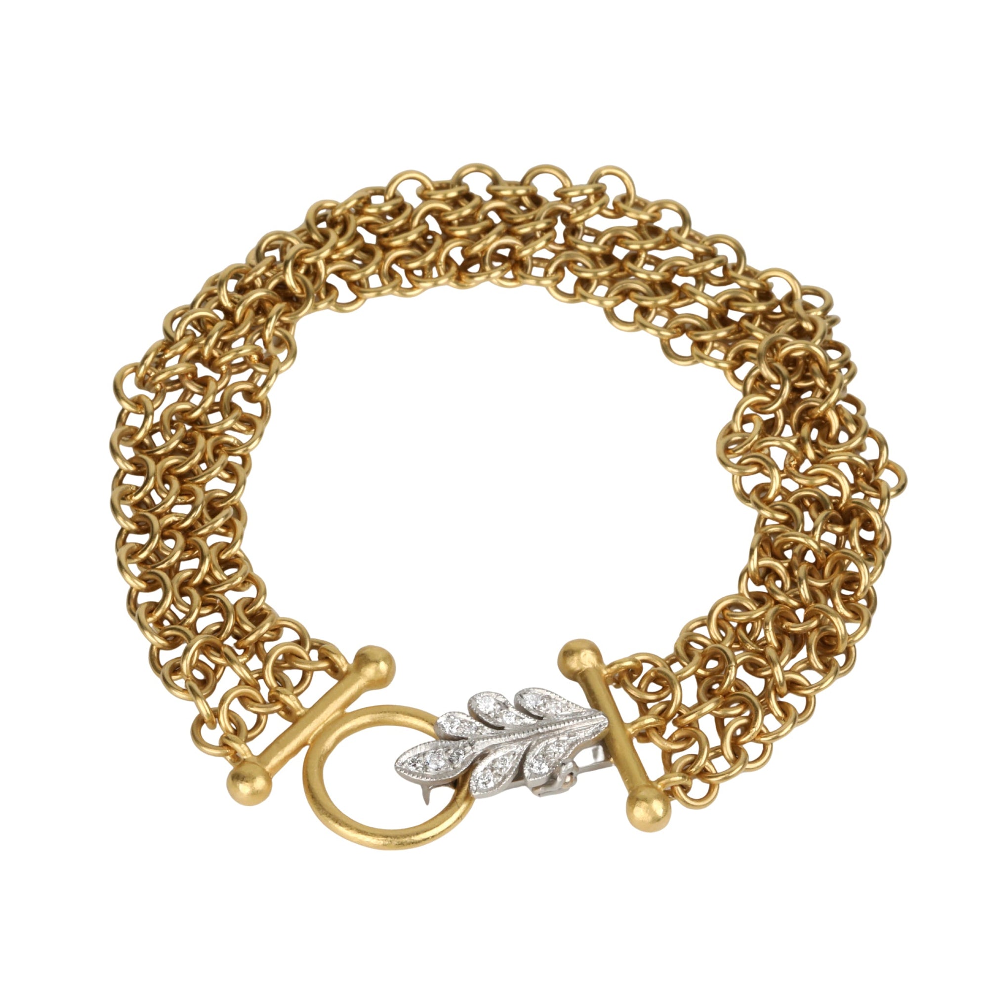 22K Handmade 3 - Row "Carcassonne Chainmail" Bracelet with Platinum &amp; Pave Diamond "Oak Leaf" Clasp - Peridot Fine Jewelry - Cathy Waterman