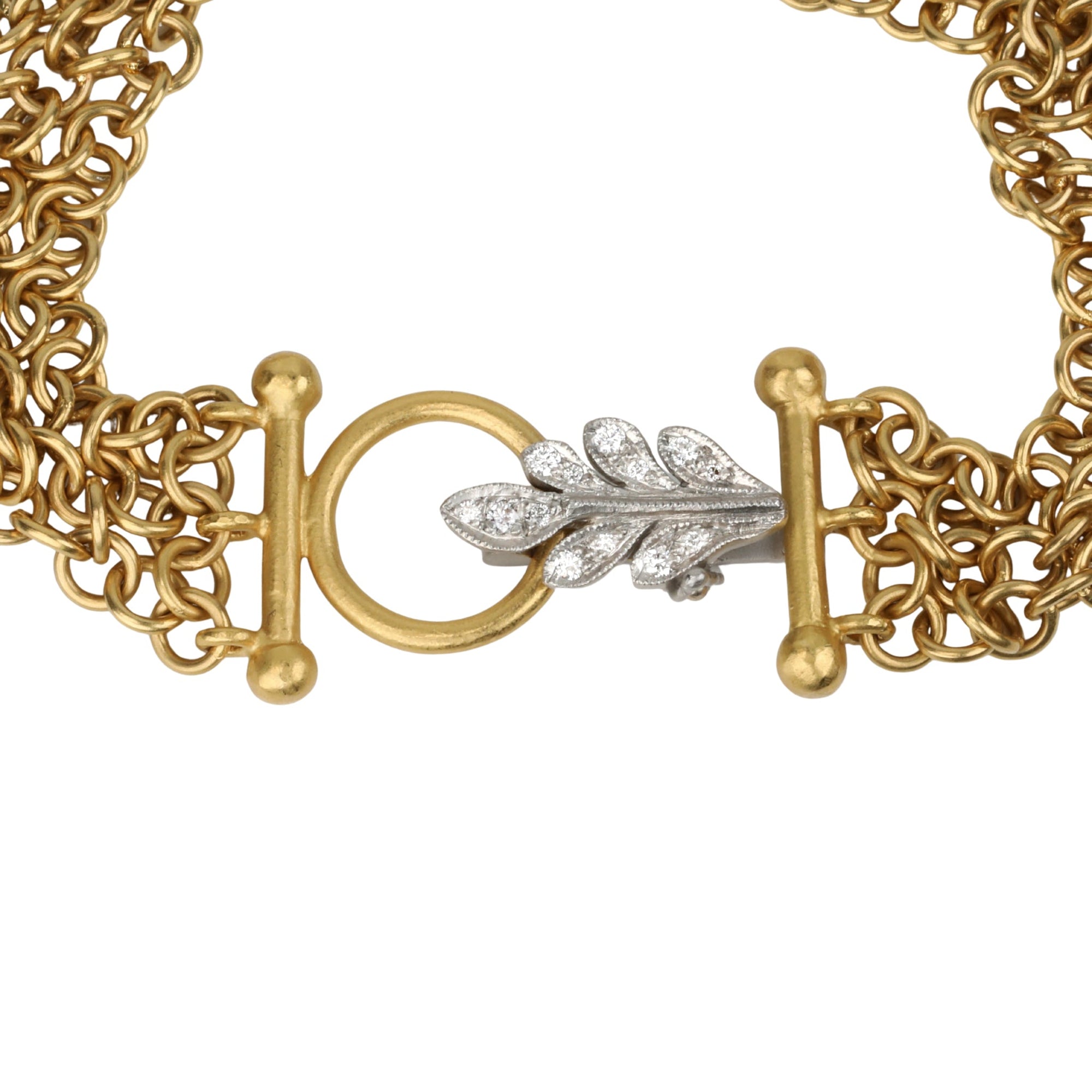 22K Handmade 3 - Row "Carcassonne Chainmail" Bracelet with Platinum &amp; Pave Diamond "Oak Leaf" Clasp - Peridot Fine Jewelry - Cathy Waterman