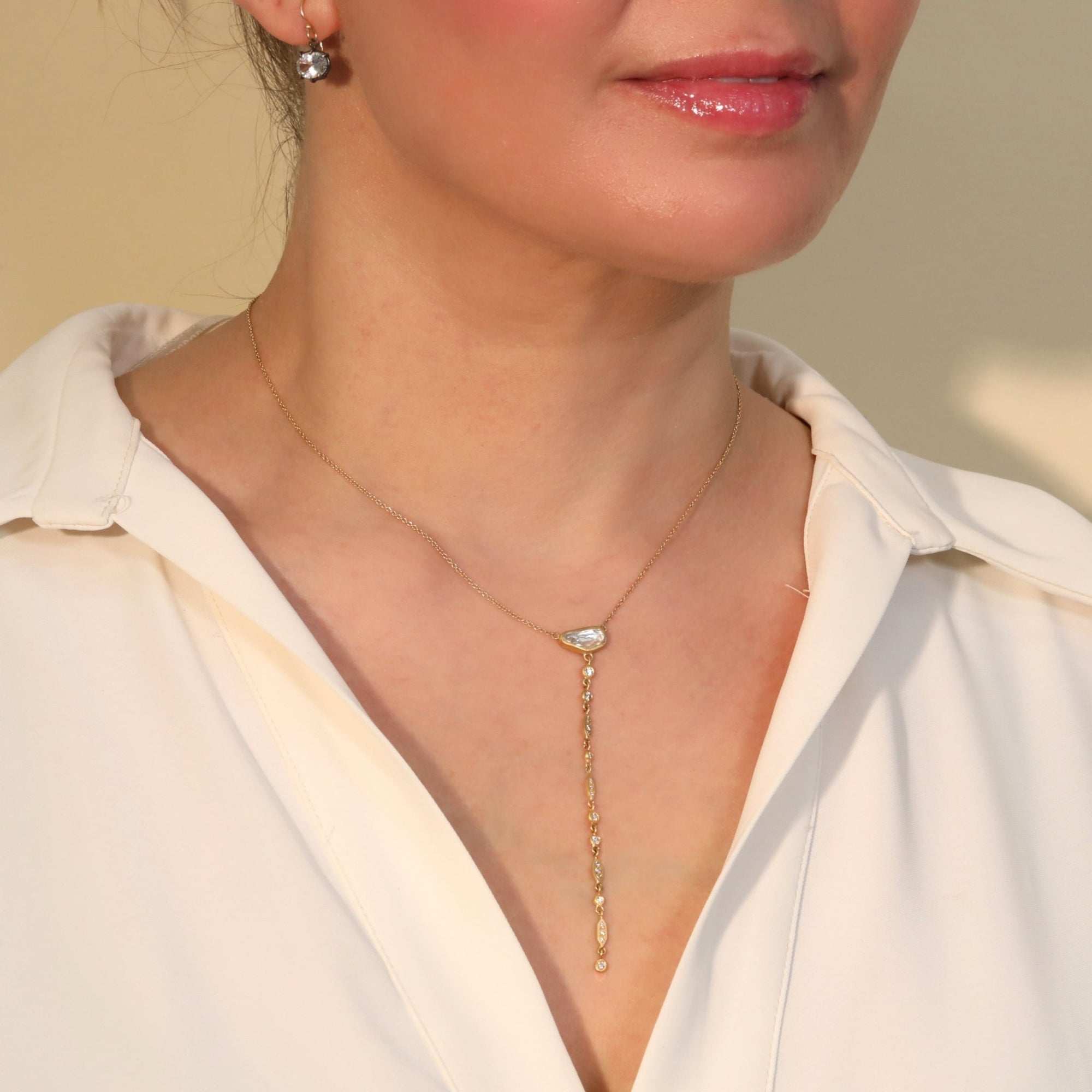 22K Lariat Necklace with Rose Cut Asymmetrical White Sapphire and Multi - Shaped Diamond Lariat Extension - Peridot Fine Jewelry - Annie Fensterstock