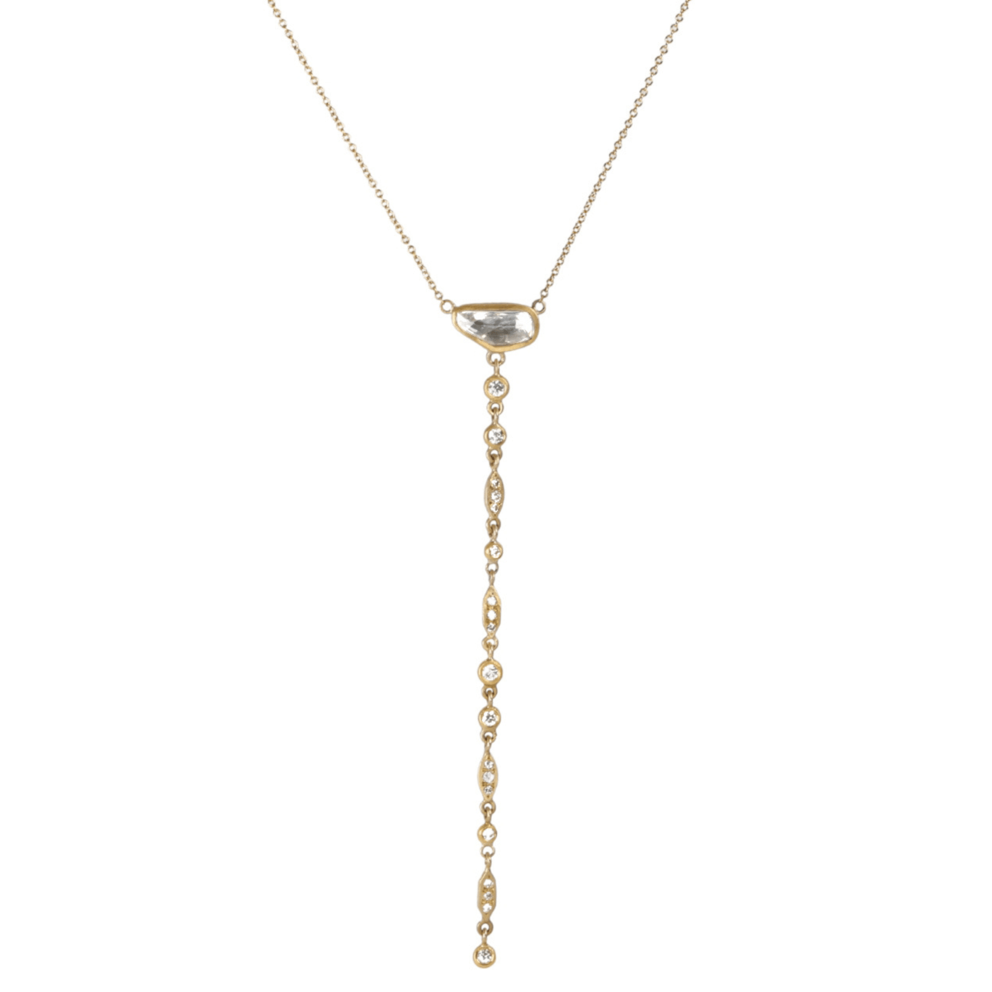 22K Lariat Necklace with Rose Cut Asymmetrical White Sapphire and Multi - Shaped Diamond Lariat Extension - Peridot Fine Jewelry - Annie Fensterstock