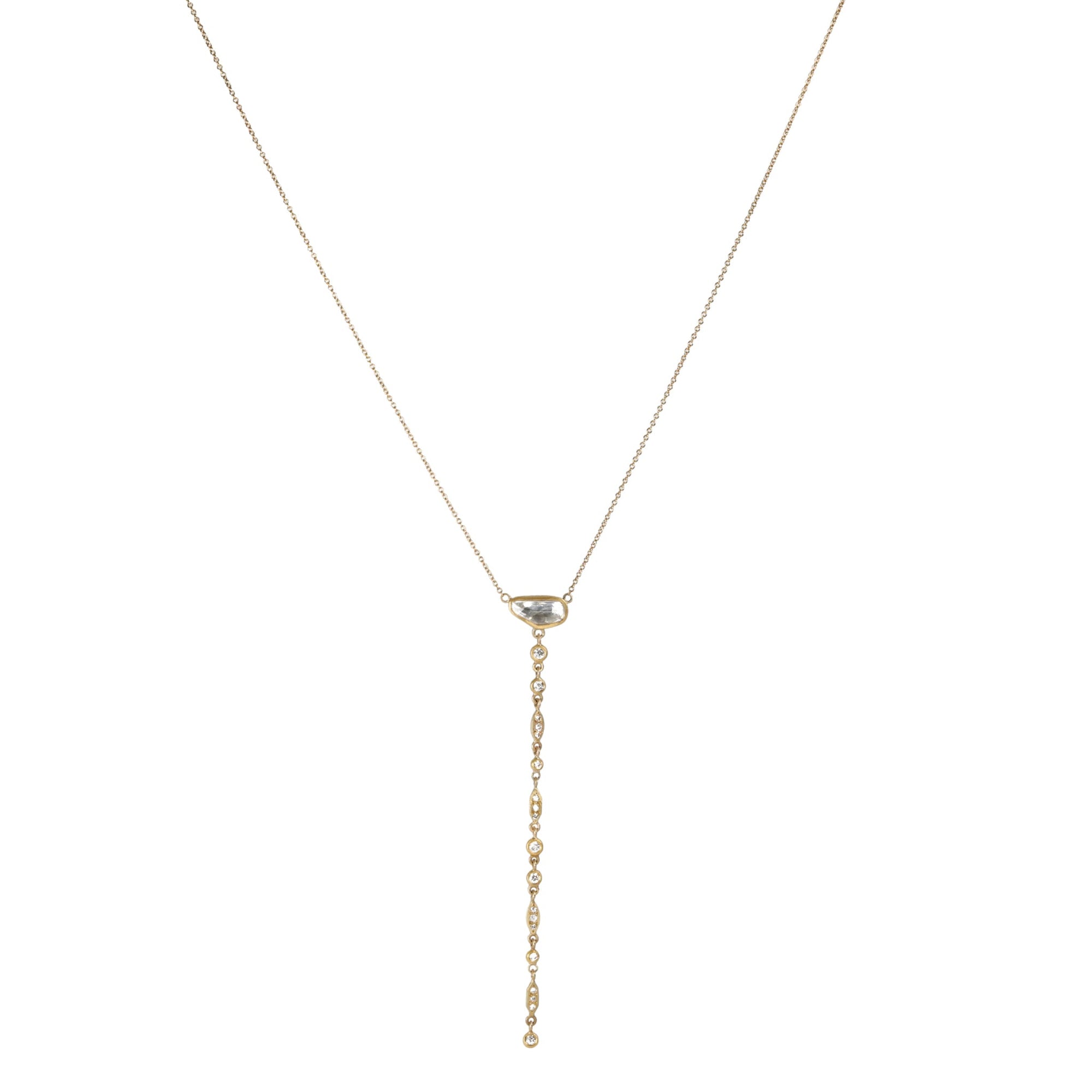 22K Lariat Necklace with Rose Cut Asymmetrical White Sapphire and Multi - Shaped Diamond Lariat Extension - Peridot Fine Jewelry - Annie Fensterstock
