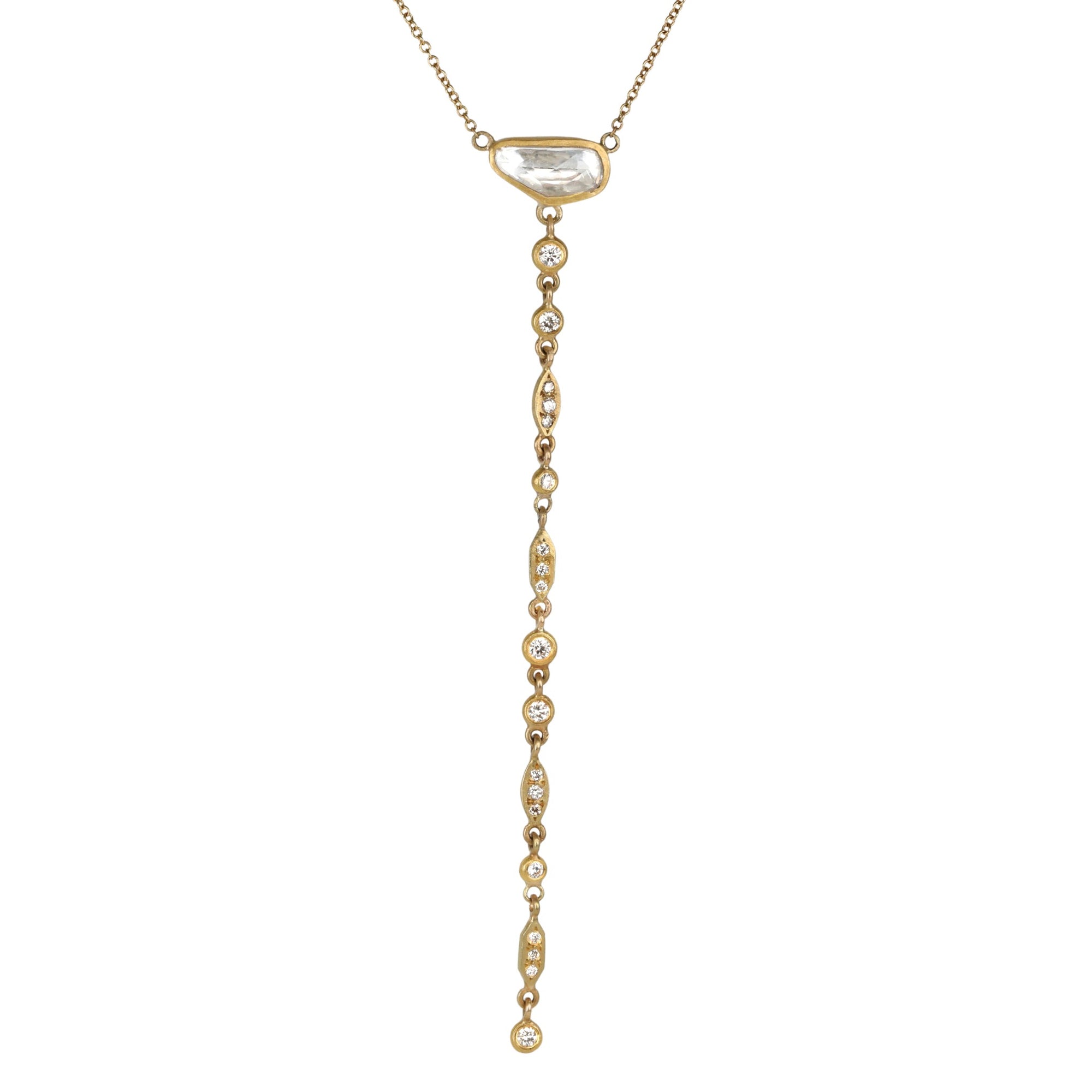22K Lariat Necklace with Rose Cut Asymmetrical White Sapphire and Multi - Shaped Diamond Lariat Extension - Peridot Fine Jewelry - Annie Fensterstock