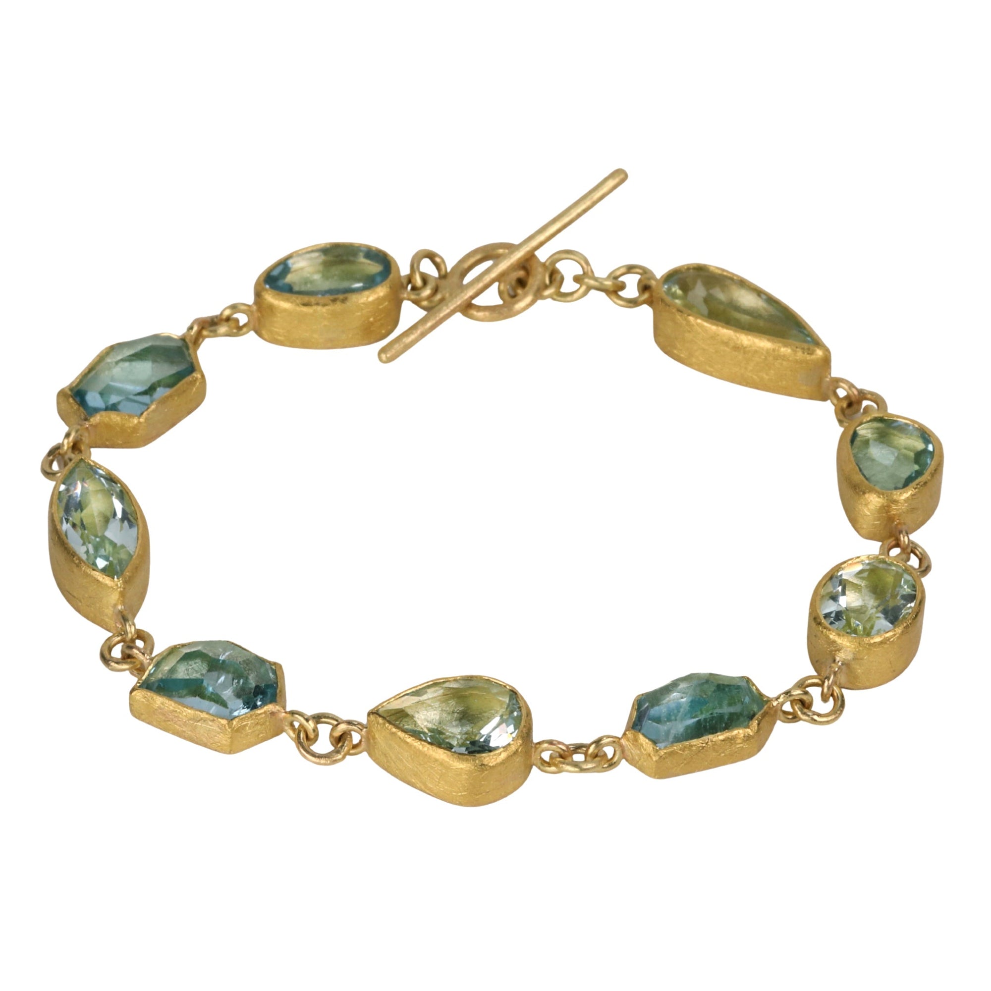 22K Nine Bezel - Set Mixed Cut Aquamarine Bracelet - Peridot Fine Jewelry - Petra Class
