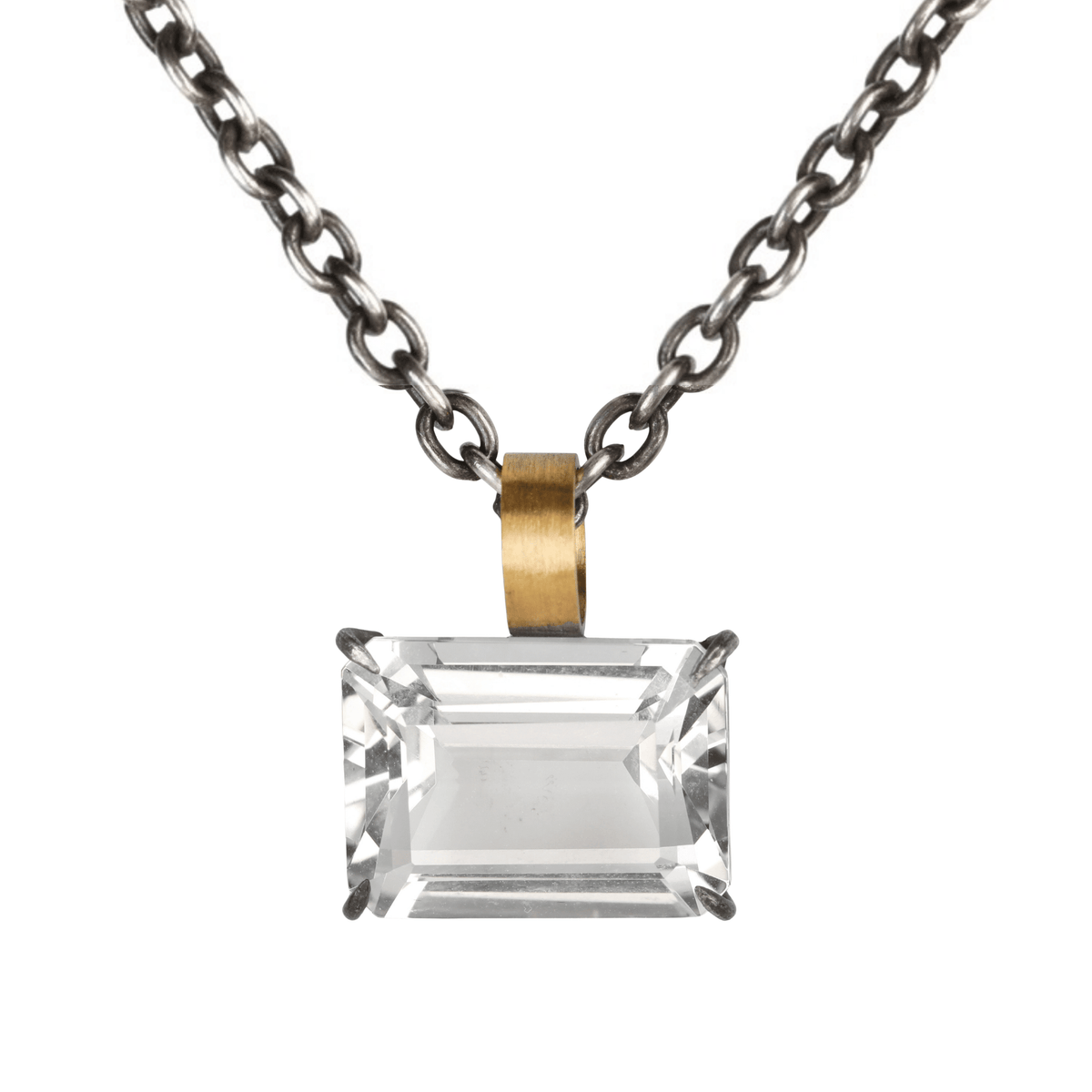 22K & Oxidized Sterling Silver Prong-Set East-West Emerald Cut White Topaz Pendant - Peridot Fine Jewelry - Rosanne Pugliese