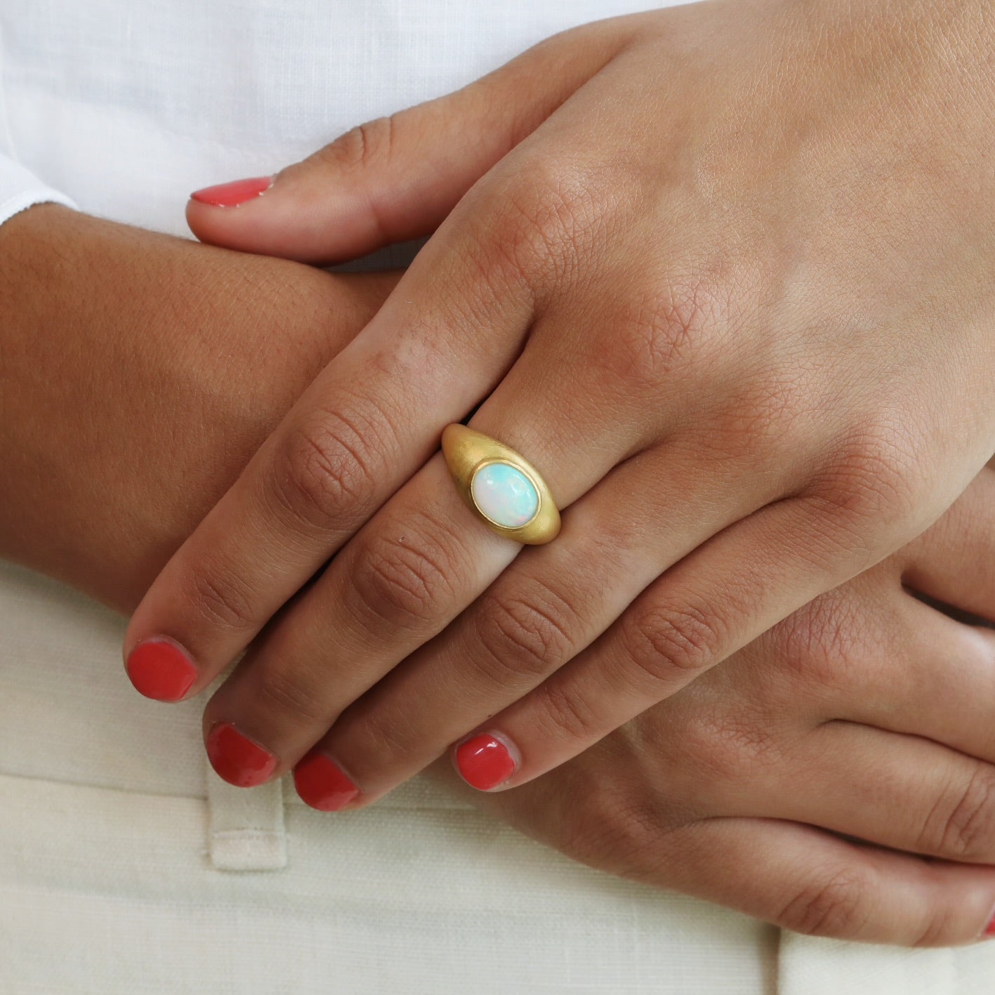 22K Tapered Domed Ring with East/West Oval Opal - Peridot Fine Jewelry - Rosanne Pugliese