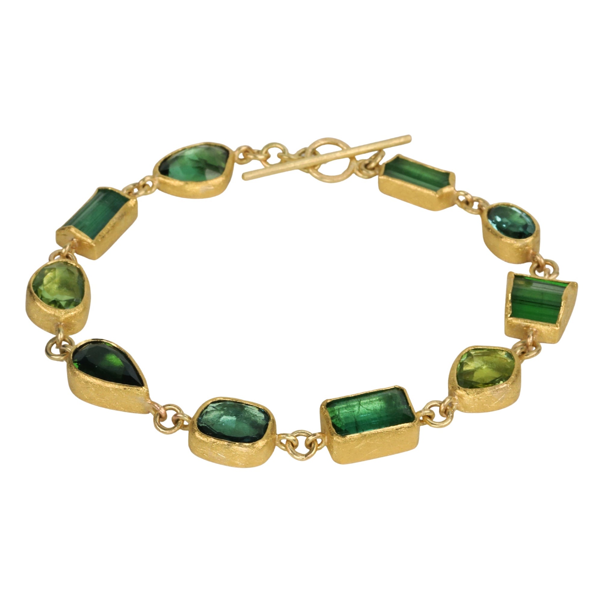 22K Ten Bezel - Set Mixed Shape Ombre Green Tourmaline Bracelet - Peridot Fine Jewelry - Petra Class