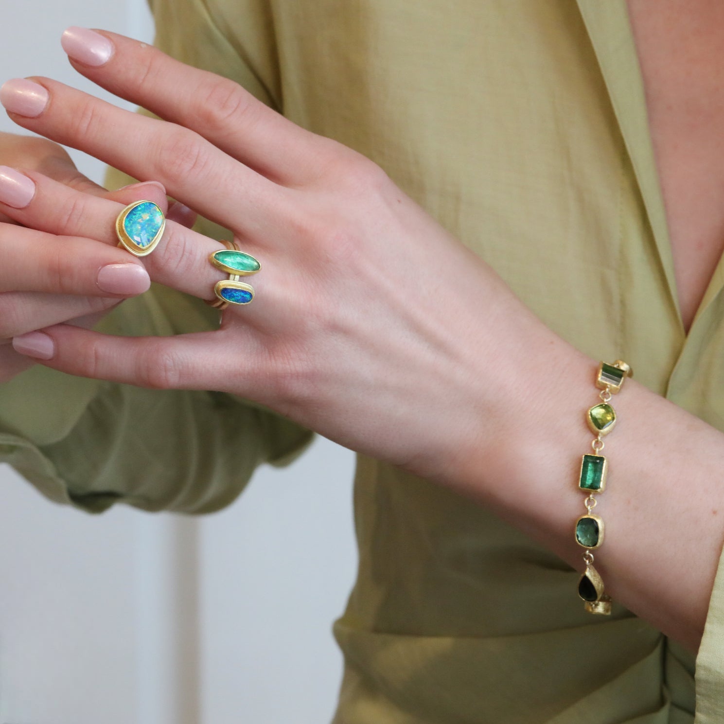 22K Ten Bezel - Set Mixed Shape Ombre Green Tourmaline Bracelet - Peridot Fine Jewelry - Petra Class