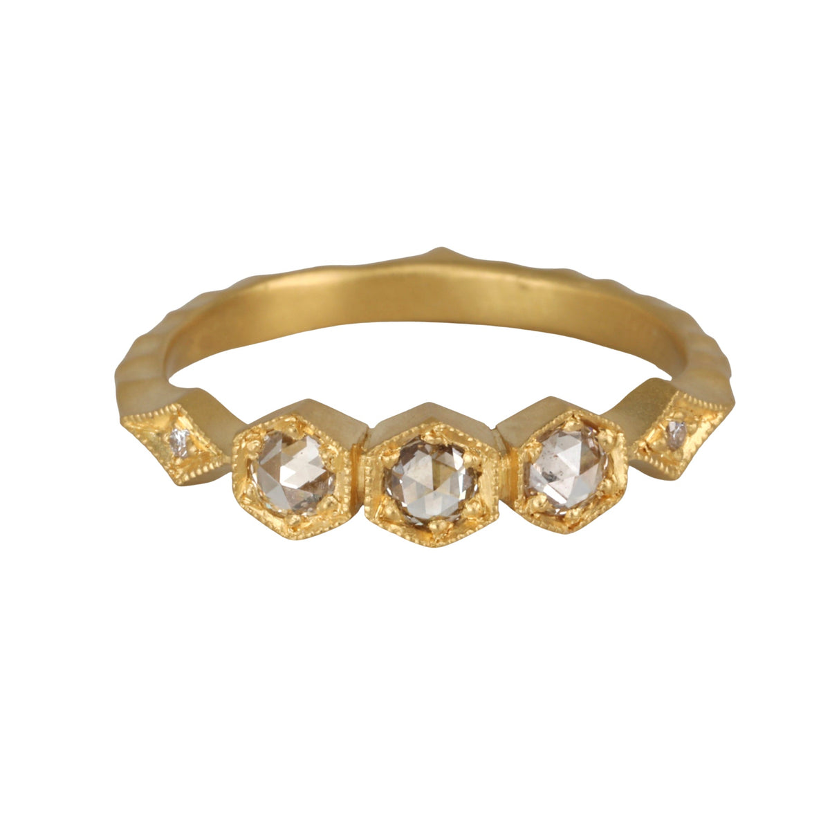 22K &amp; Triple Hexagonal Bezel - Set Champagne Diamond Ring - Peridot Fine Jewelry - Cathy Waterman