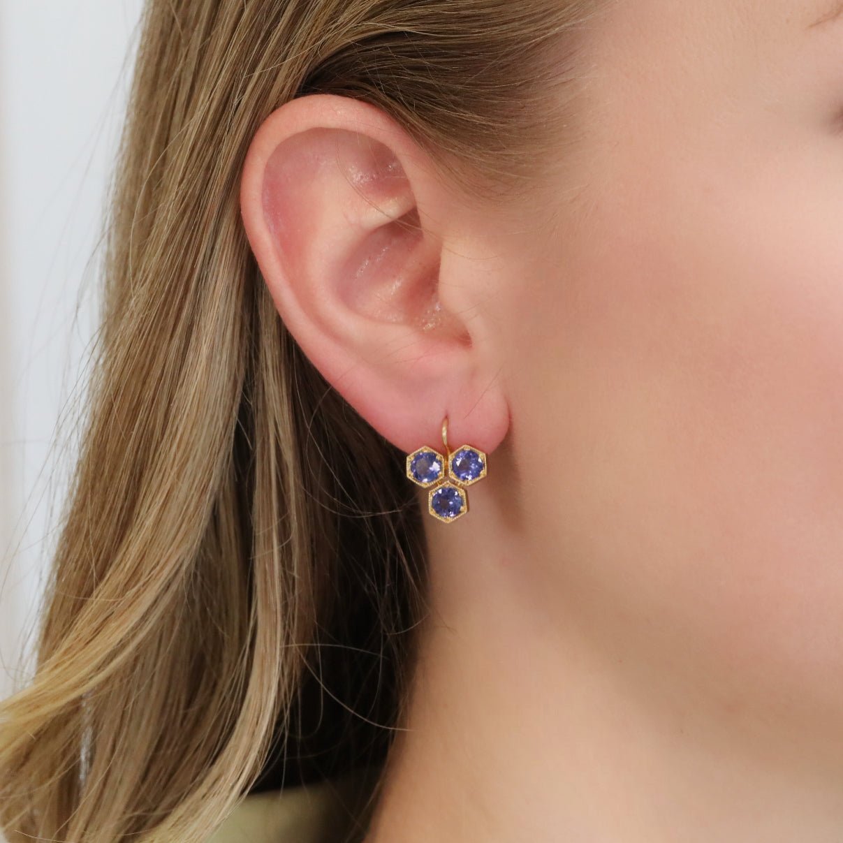 22K Triple Hexagonal Bezel - Set Tanzanite Earrings - Peridot Fine Jewelry - Cathy Waterman