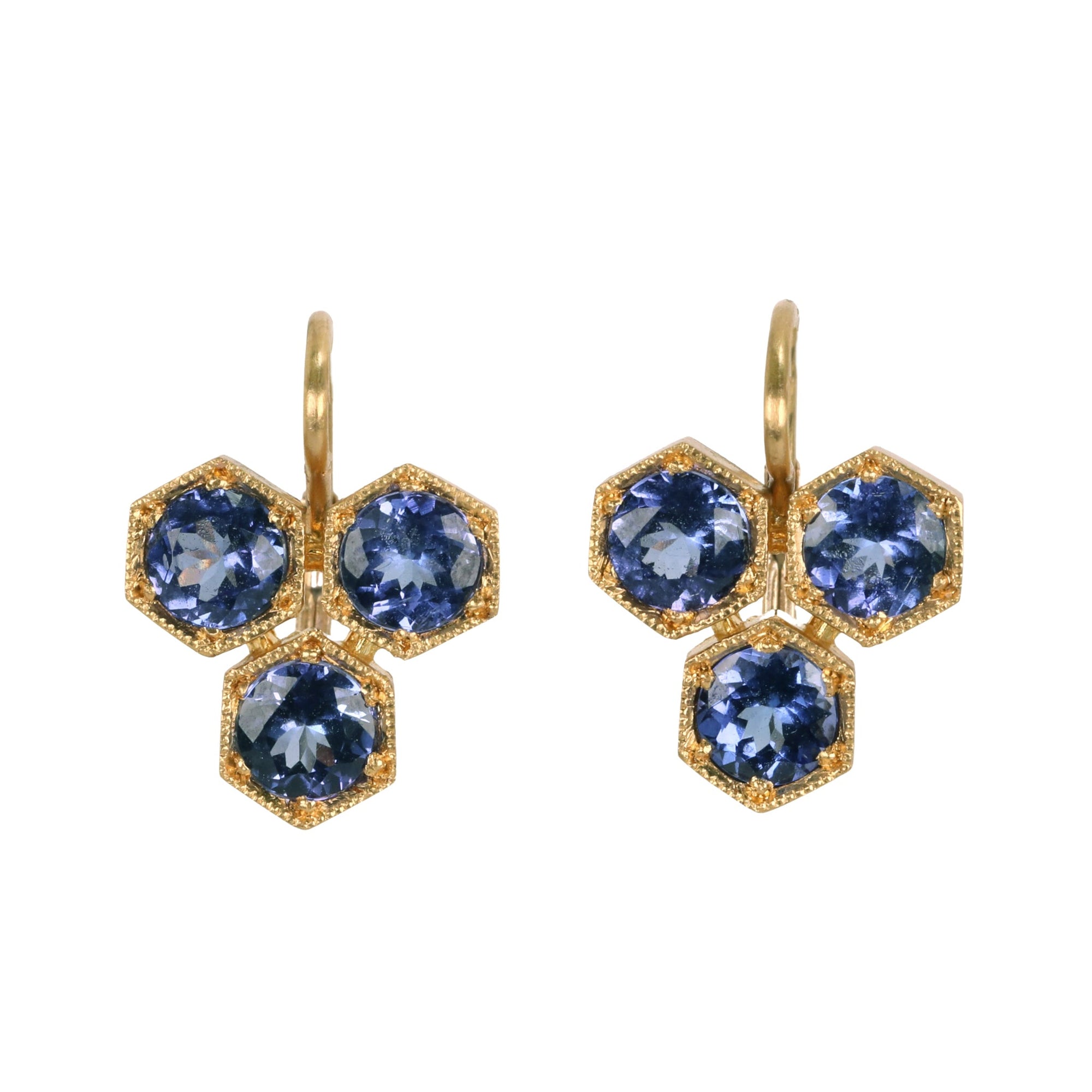 22K Triple Hexagonal Bezel - Set Tanzanite Earrings - Peridot Fine Jewelry - Cathy Waterman
