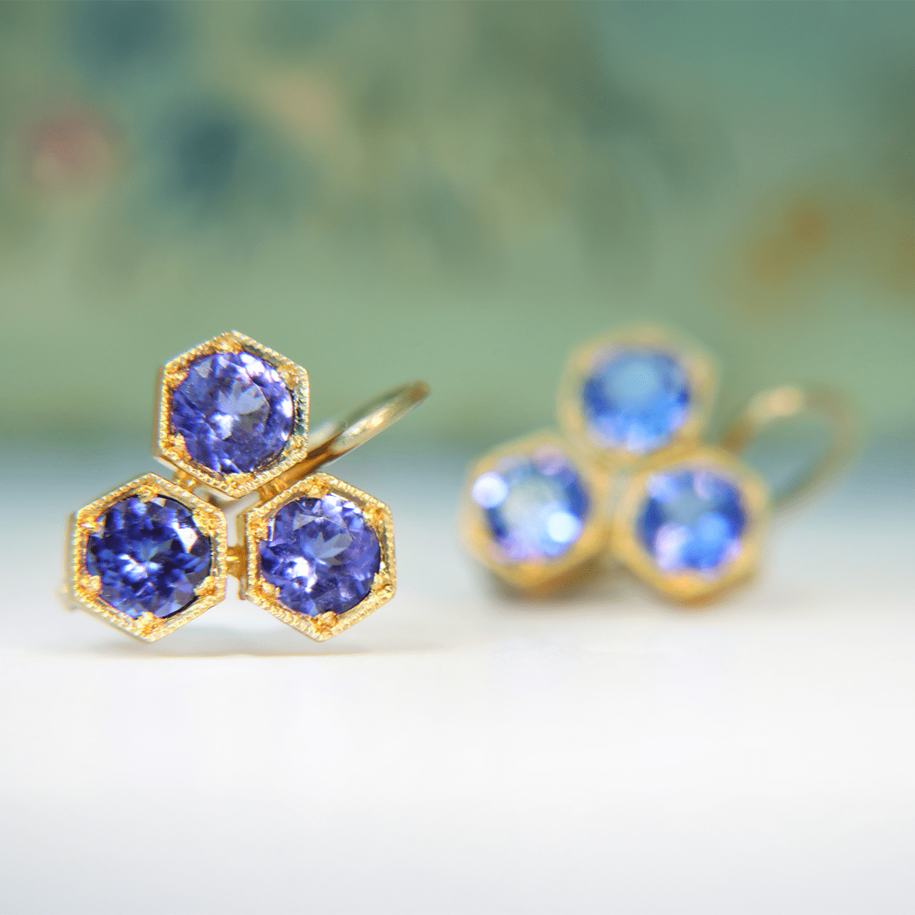 22K Triple Hexagonal Bezel - Set Tanzanite Earrings - Peridot Fine Jewelry - Cathy Waterman