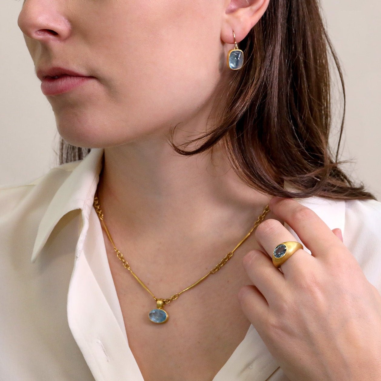 22K Wide Tapered Domed Ring with East/West Faceted Blue Tourmaline - Peridot Fine Jewelry - Rosanne Pugliese