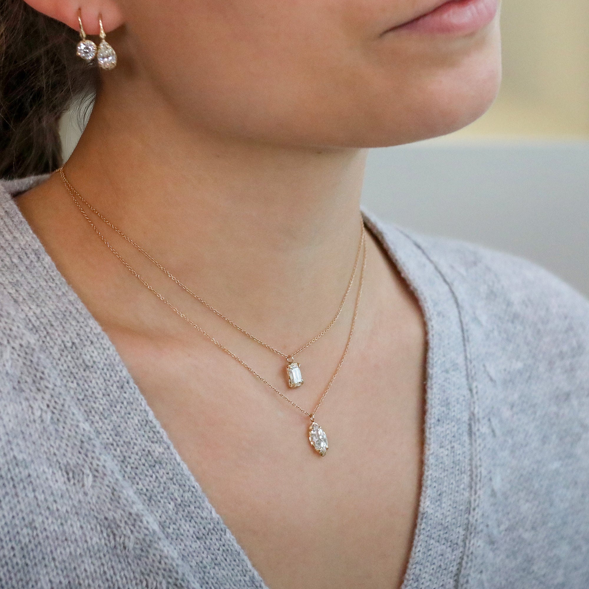 14K Gold &amp; Lab Grown Emerald Cut Diamond &quot;Branch&quot; Necklace