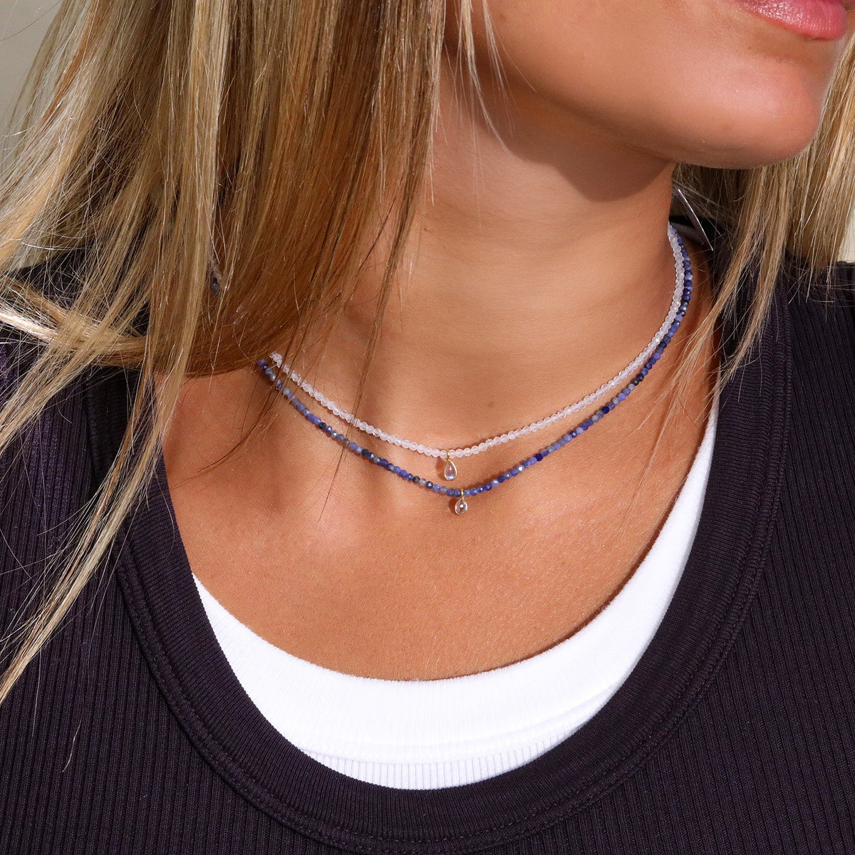 Faceted Sodalite Beaded Necklace with 18K Bezel-Set Teardrop Sapphire Charm
