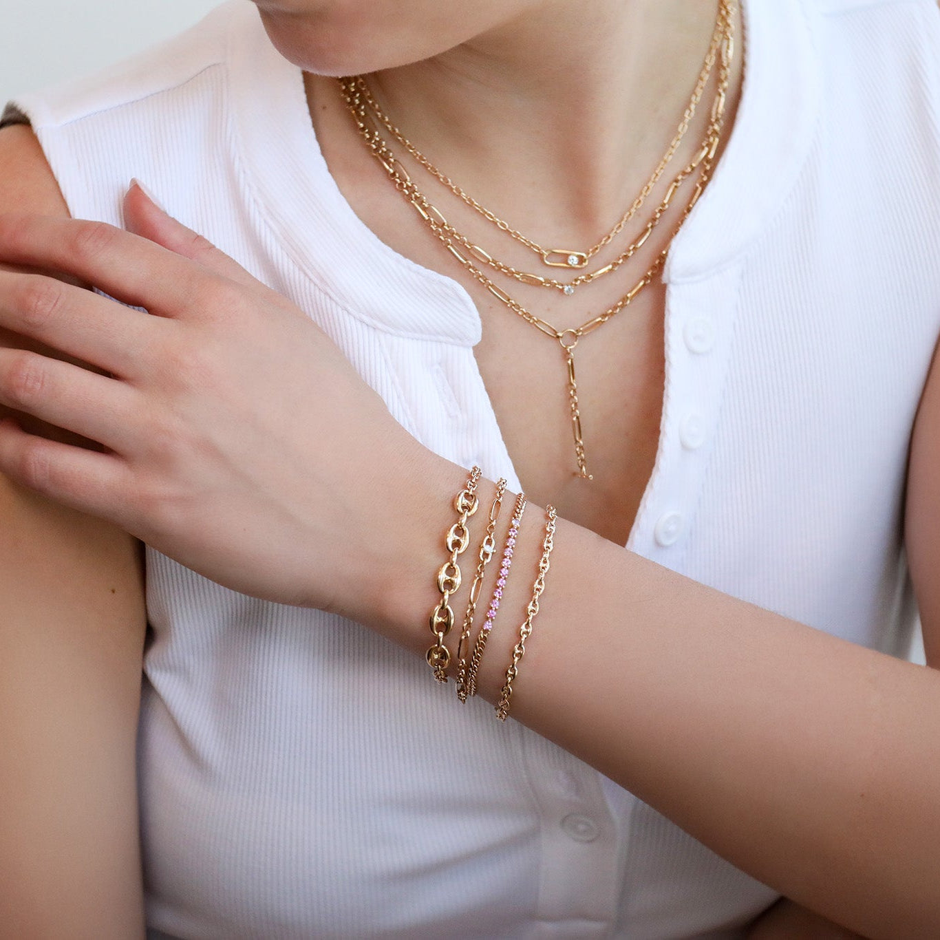 14K Gold Mixed Paperclip and Rolo Chain Bracelet with Center Marquise Diamond