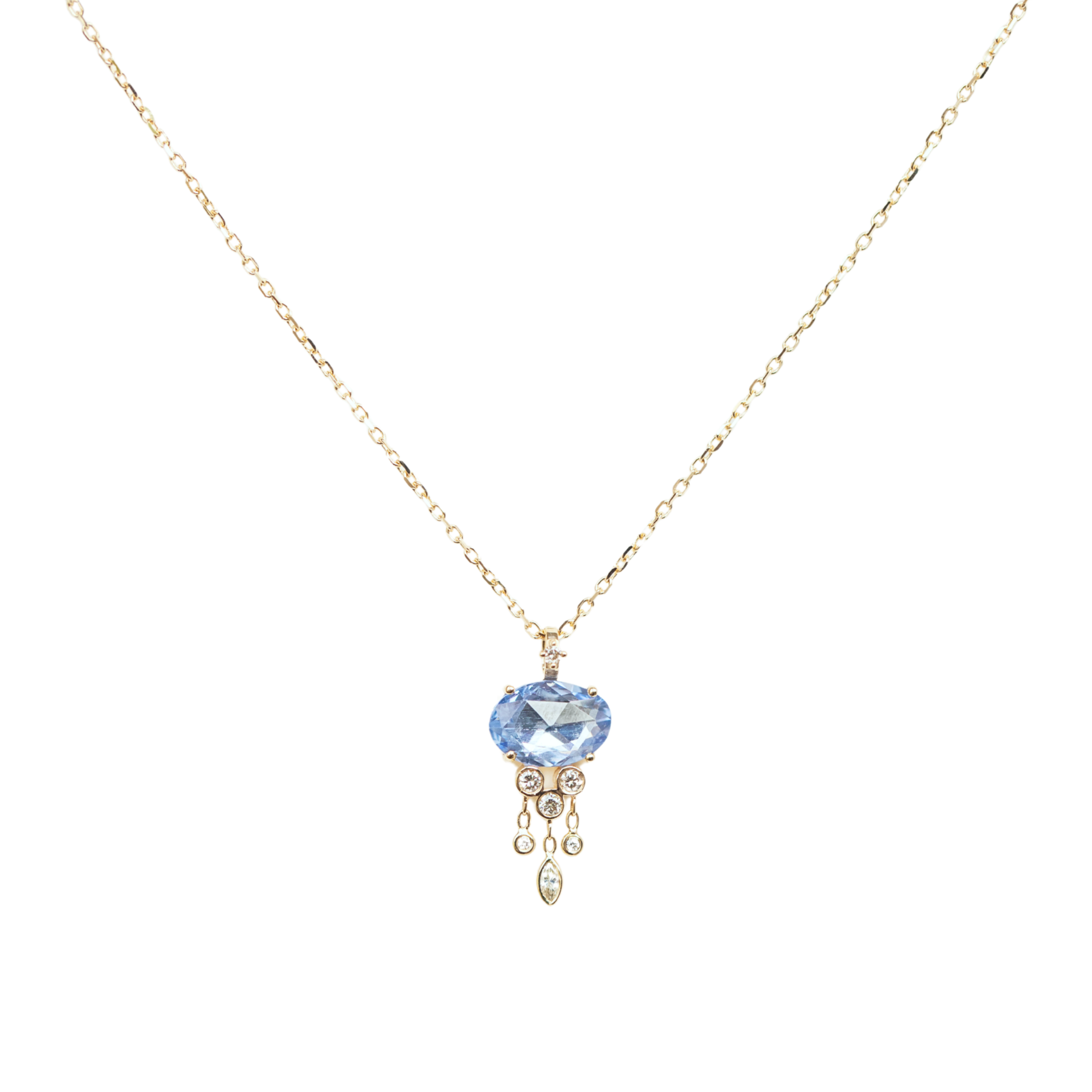 14K &amp; Blue Sapphire "Jellyfish" Necklace with Bezel-Set Diamond Dangles