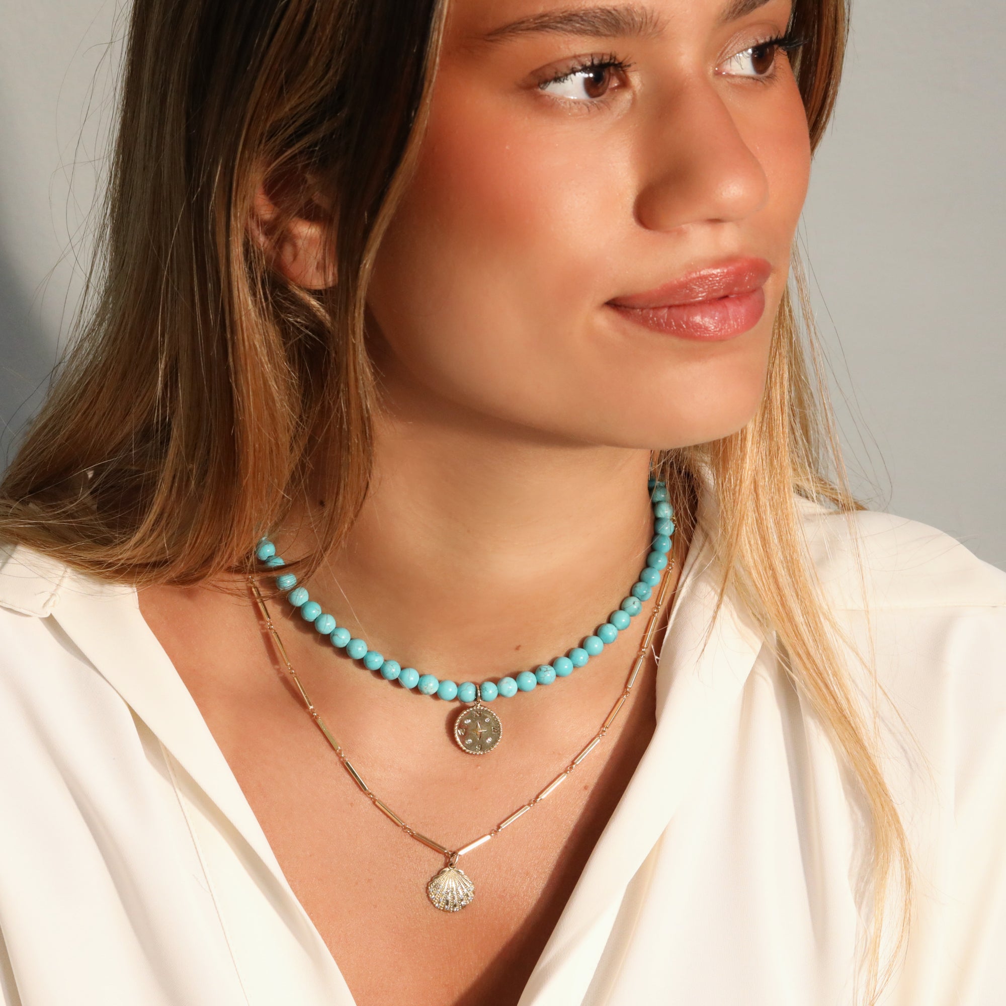 10K Compass Pendant on Turquoise Beaded Necklace
