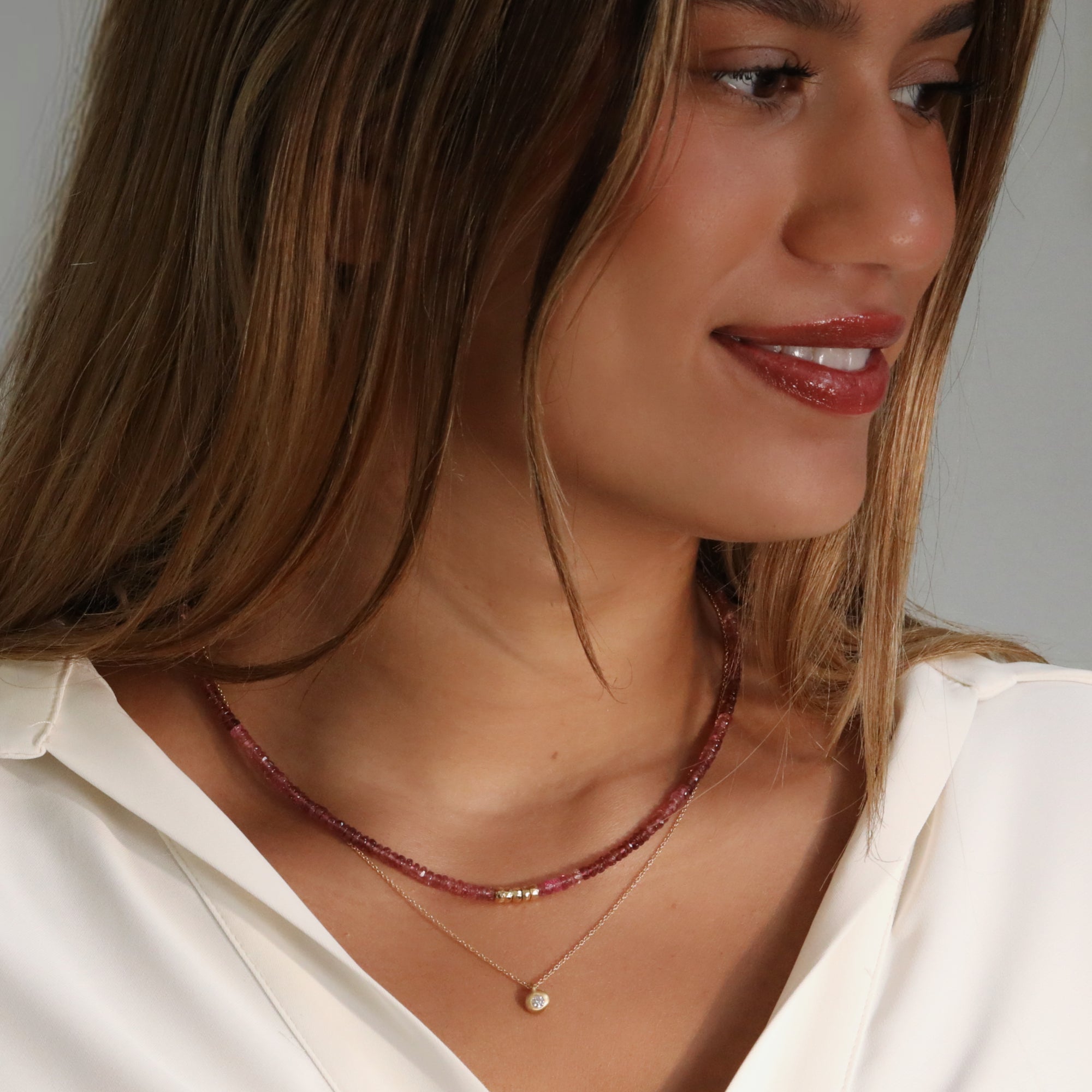 Pink Tourmaline Beaded Necklace with Five Hammered 18K Beads
