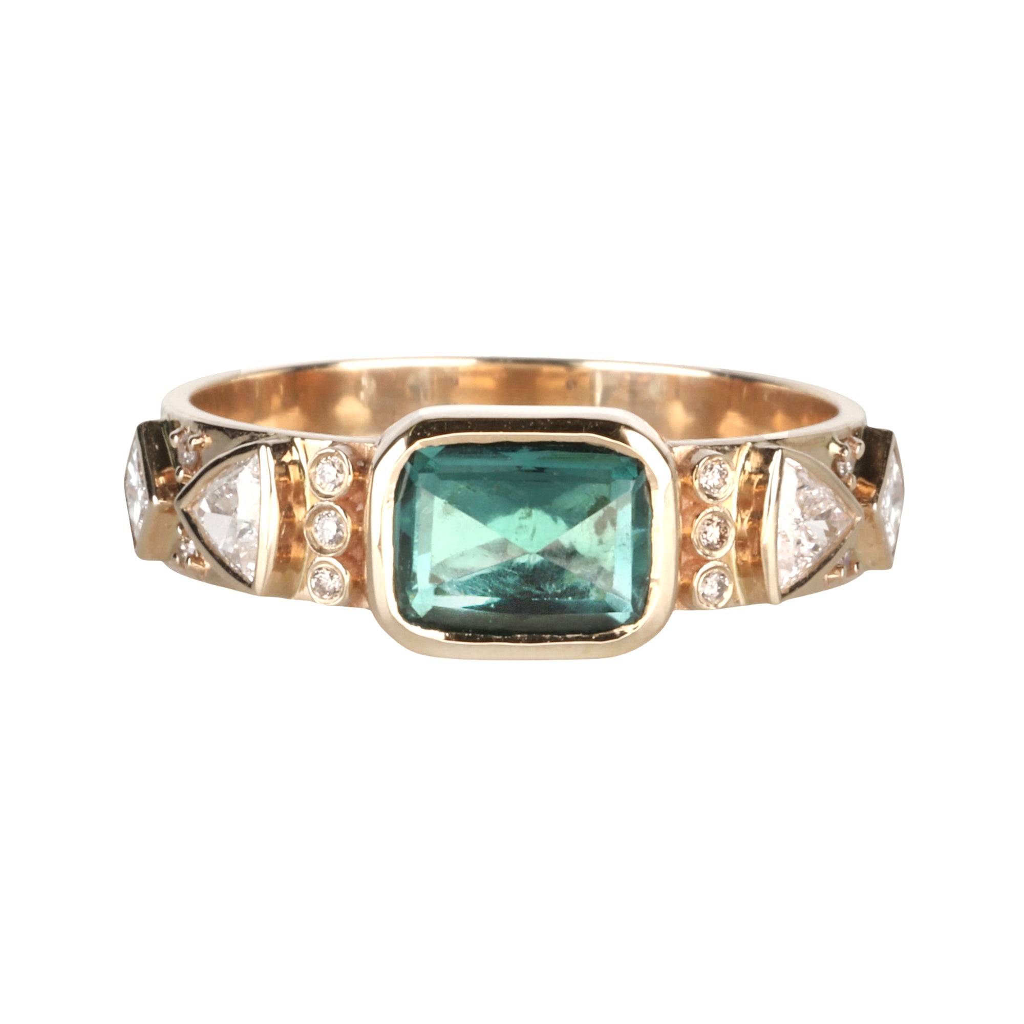 14K &amp; Green Tourmaline "Totem" Ring with Mixed Cut Diamond Details