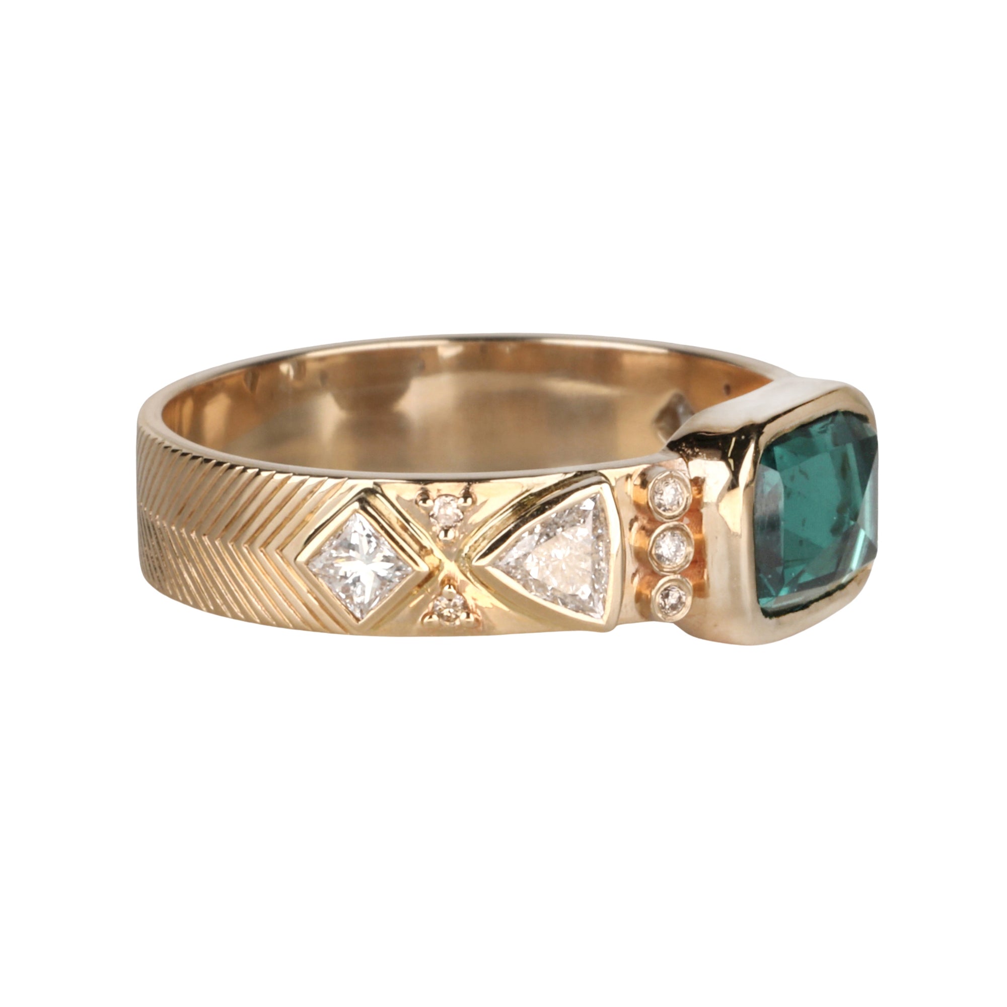 14K &amp; Green Tourmaline "Totem" Ring with Mixed Cut Diamond Details