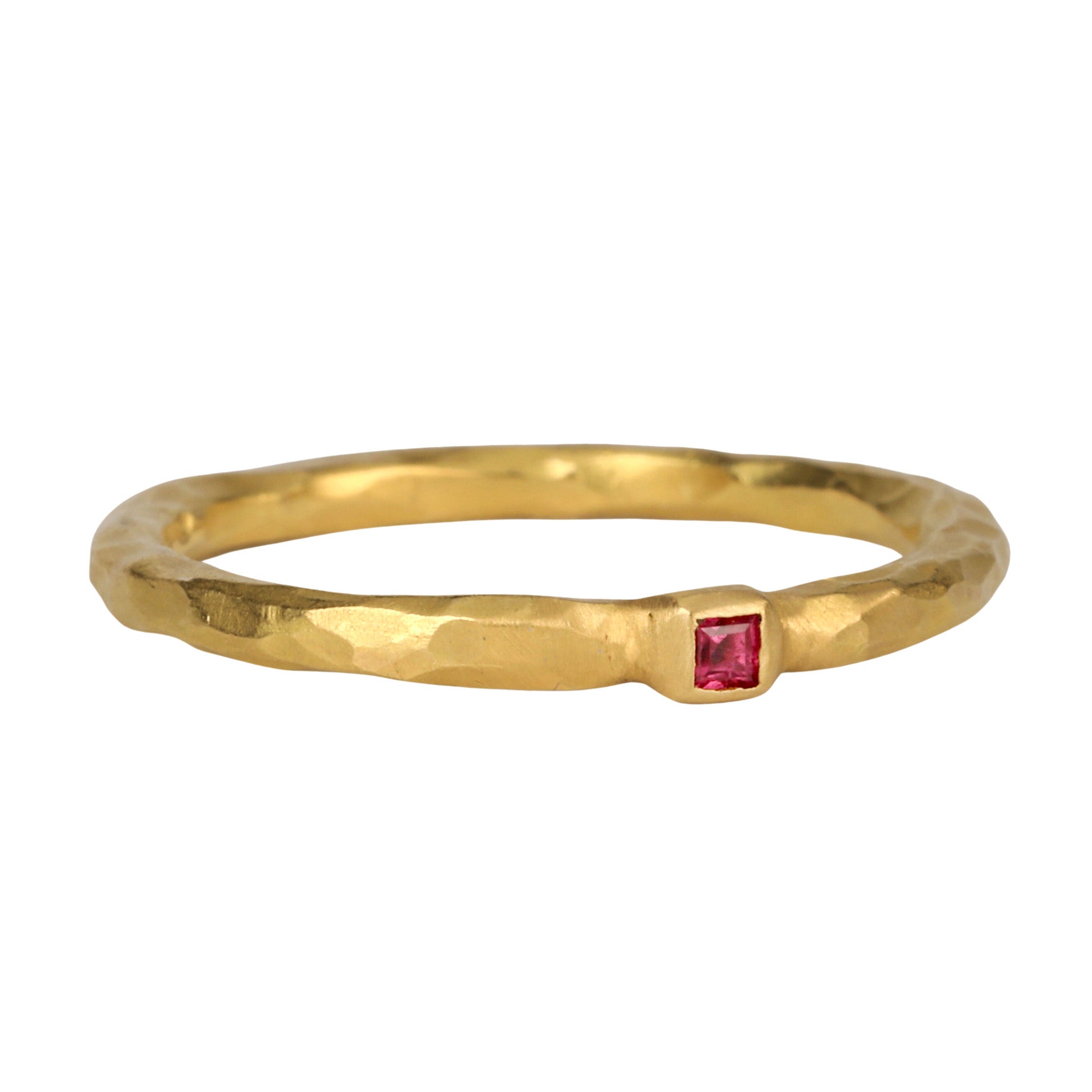 22K Gold Thin Hammered Band with Square Burmese Ruby &quot;Floating Bezel&quot; - Peridot Fine Jewelry - Cathy Waterman