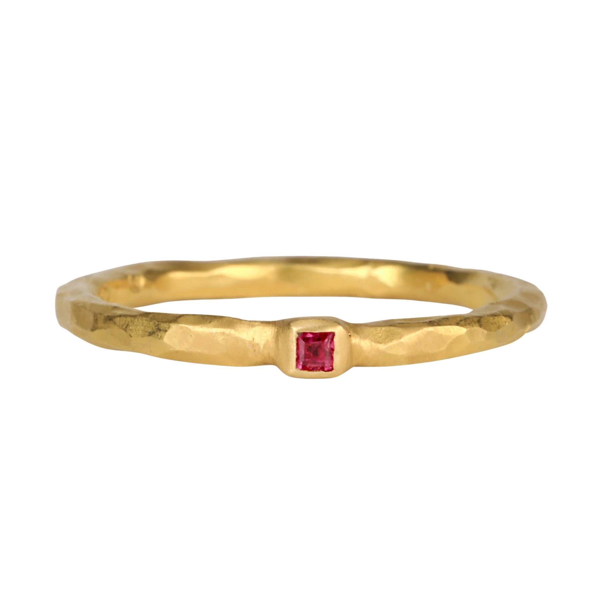 22K Gold Thin Hammered Band with Square Burmese Ruby "Floating Bezel" - Peridot Fine Jewelry - Cathy Waterman