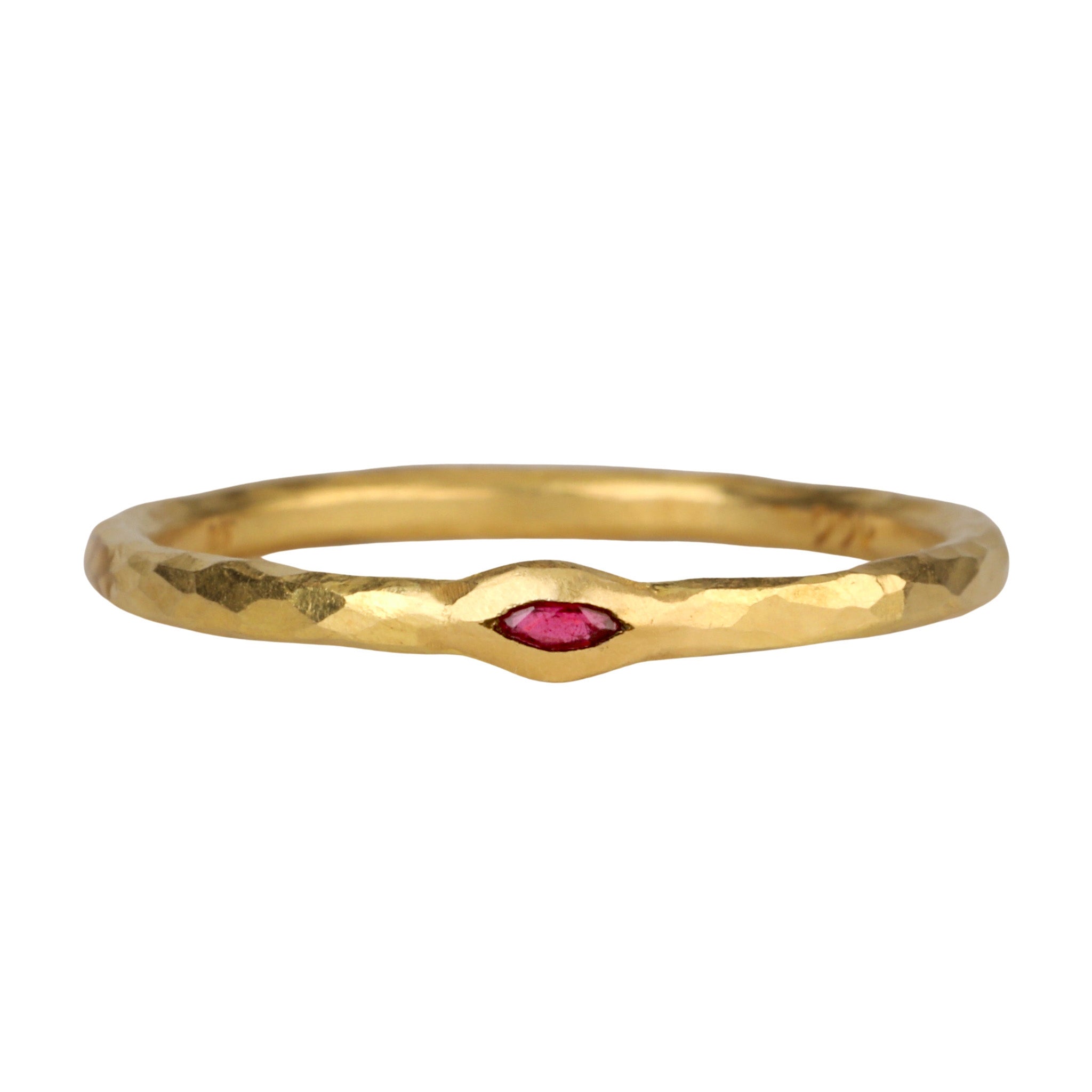22K Gold Thin Hammered Band with Marquise Ruby - Peridot Fine Jewelry - Cathy Waterman