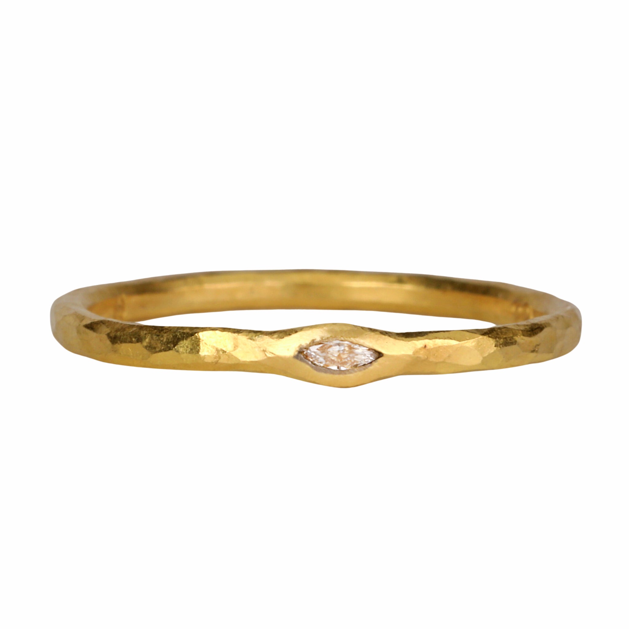22K Gold Thin Hammered Band with Marquise Diamond - Peridot Fine Jewelry - Cathy Waterman