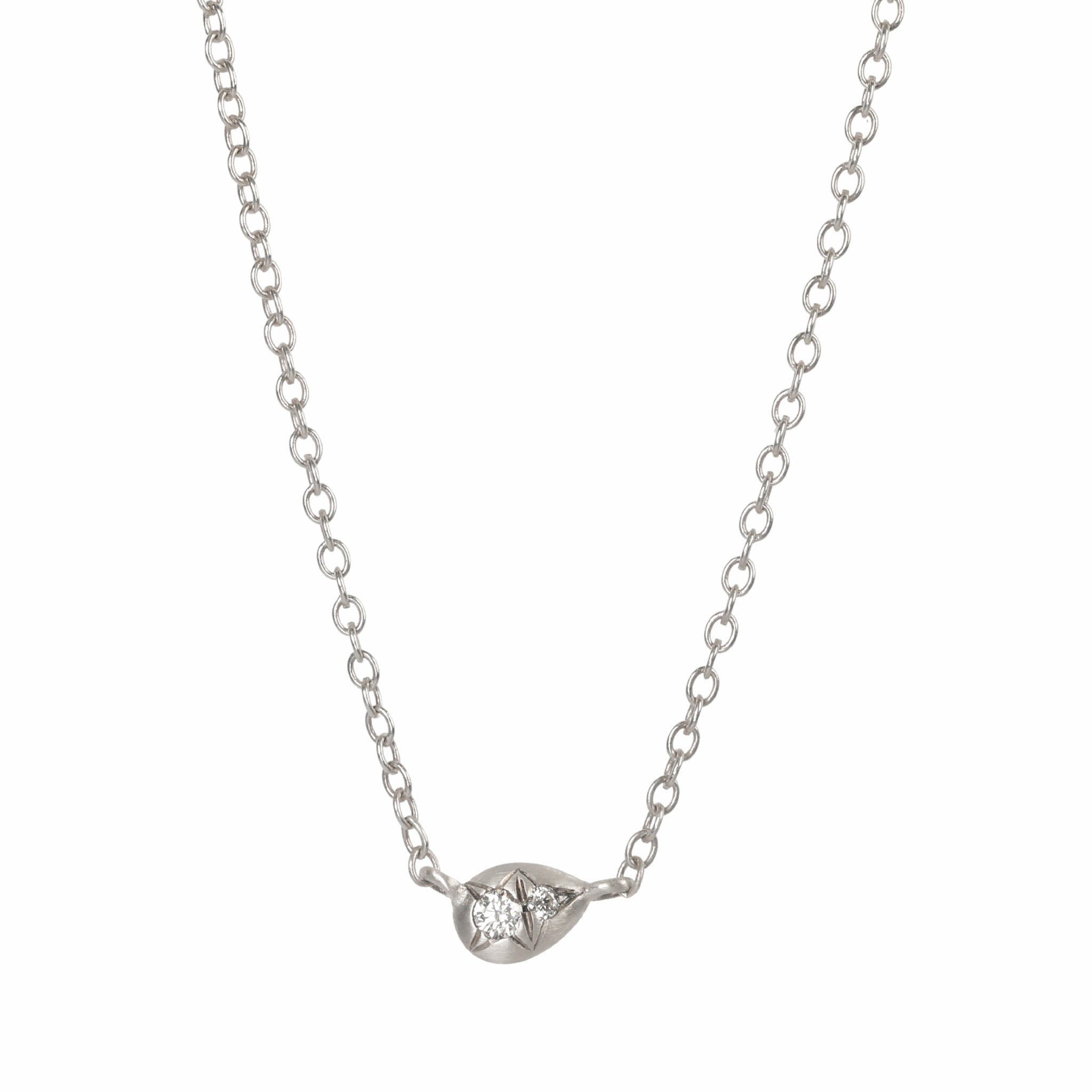 Sterling Silver Off-Set Pear-Shaped Disc Pendant Necklace with Two Star-Set Diamonds