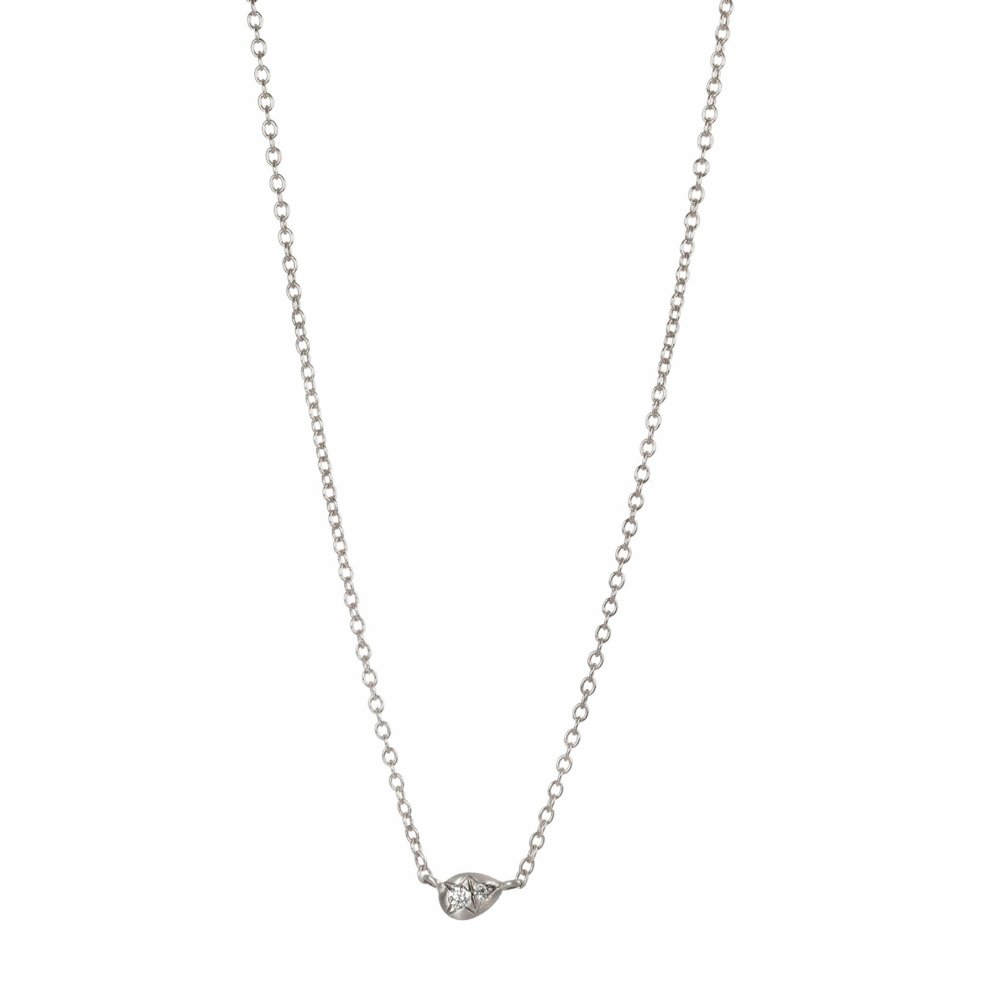 Sterling Silver Off-Set Pear-Shaped Disc Pendant Necklace with Two Star-Set Diamonds